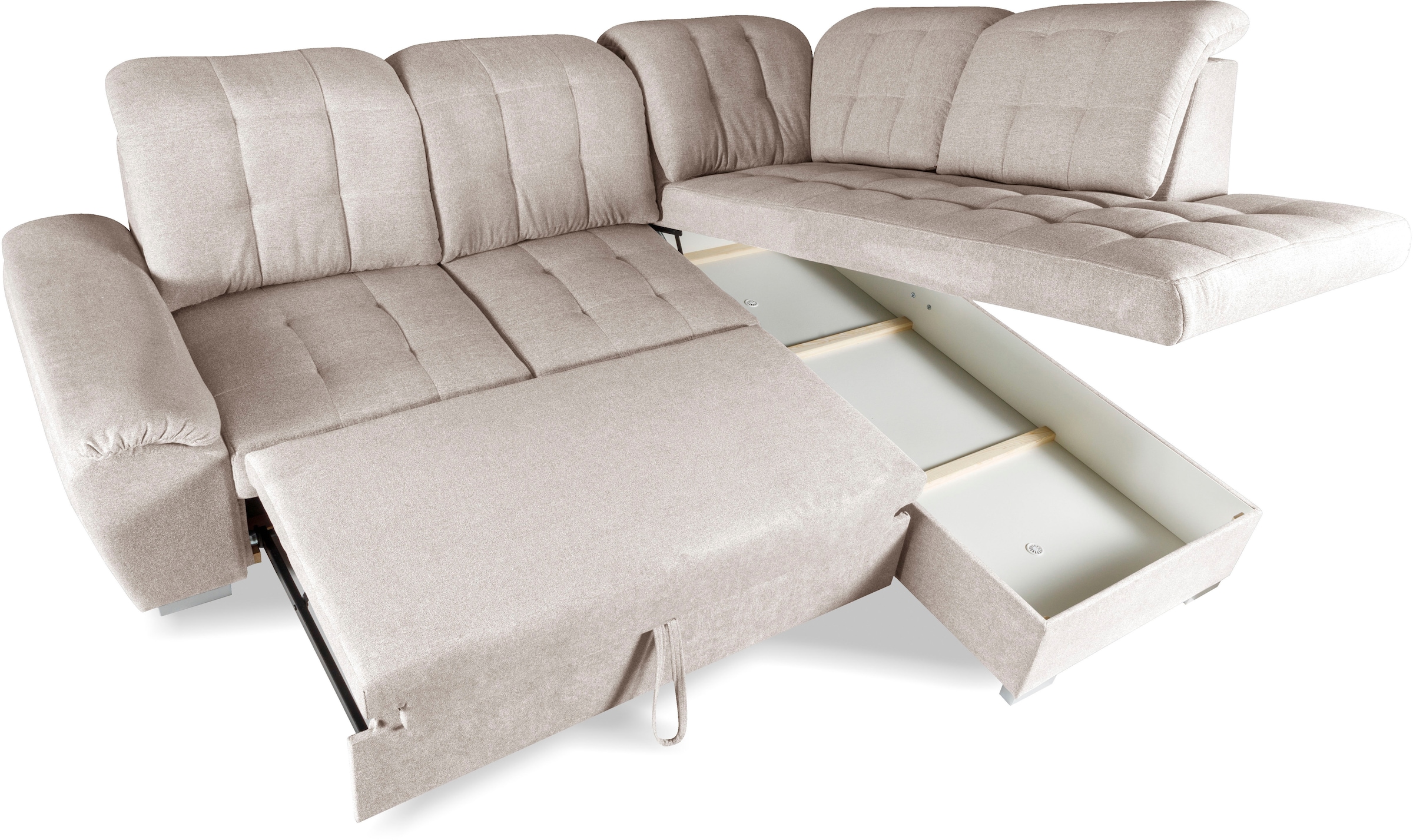 WERK2 Ecksofa »Brindisi, Multifunktion, bequem & komfortabel, Breite 263cm, L-Form« mit verstellbaren Kopfteilen, Bettfunktion & Bettkasten