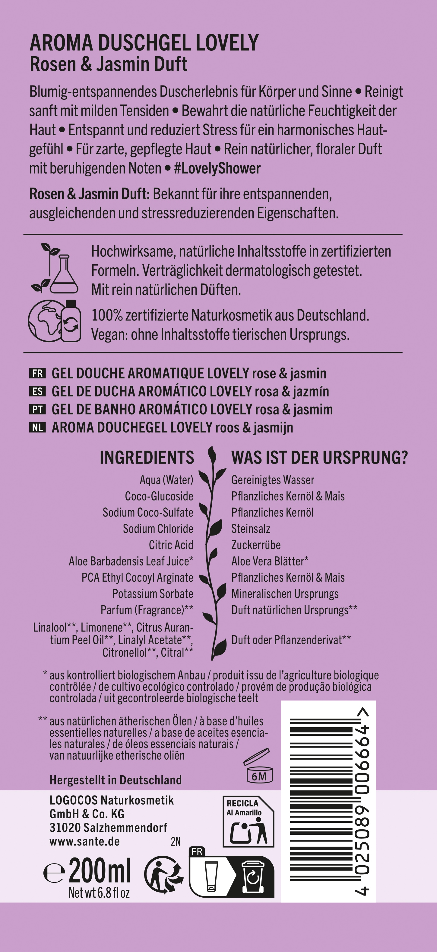 SANTE Duschgel »lovely« für alle Hauttypen, mit flüssiger Textur, vegan