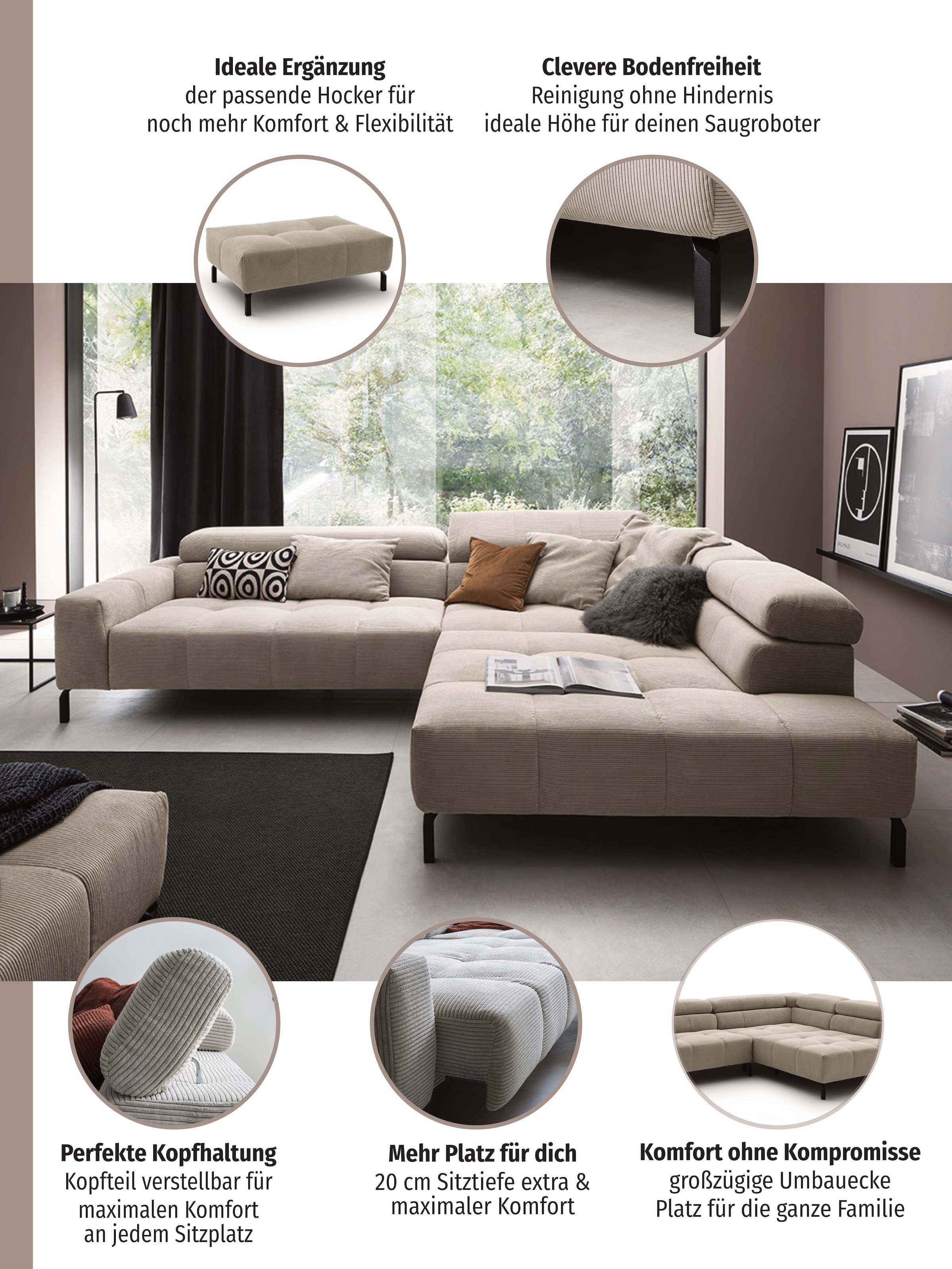 Places of Style Ecksofa »Cleveland, L-Form, incl. Kopfteilverstellung, Breite 311 cm«, wahlweise elektrischer Sitzvorzug
