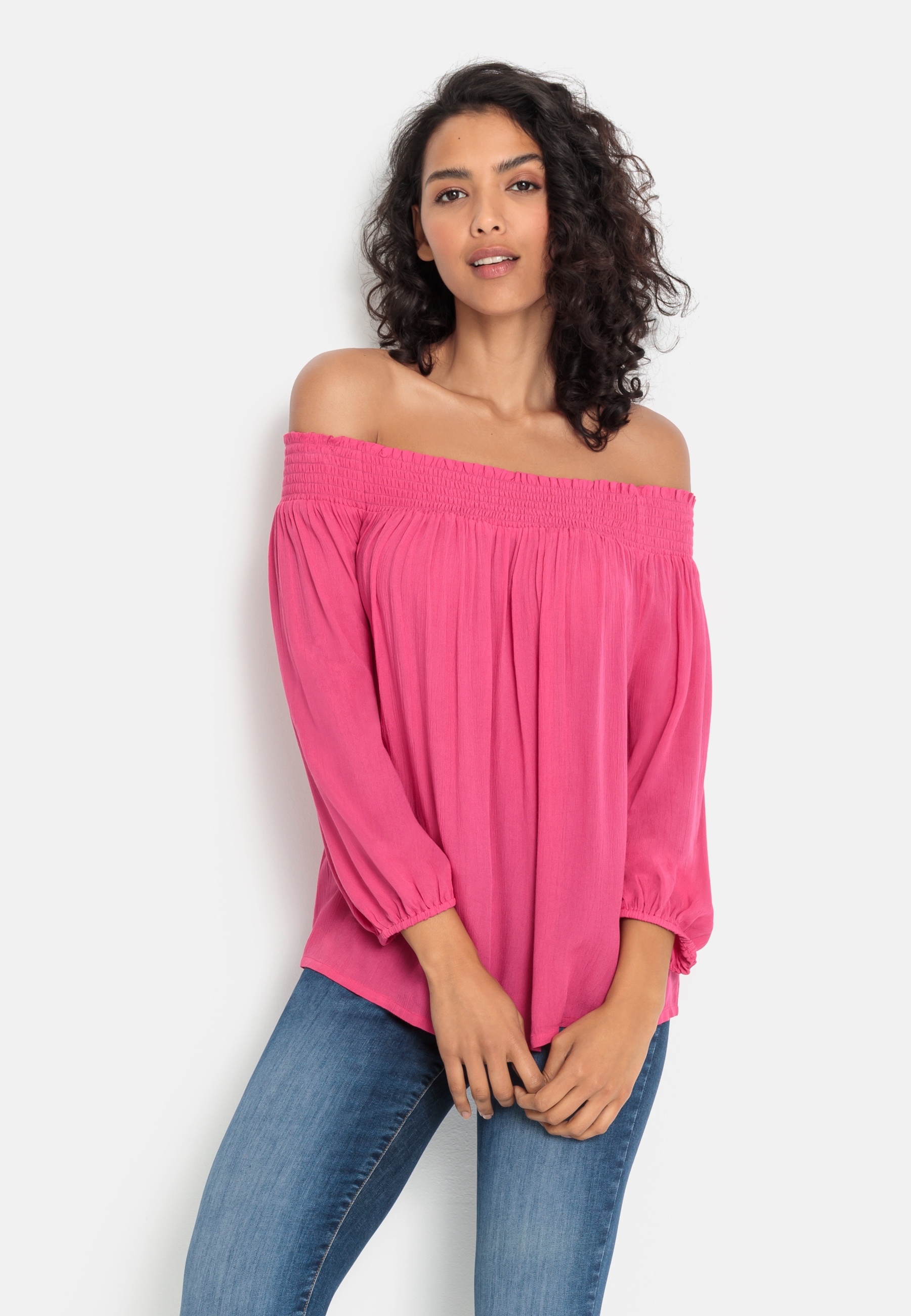 LASCANA Carmenbluse, in leichter Crinkle-Optik, Damenbluse, schulterfrei