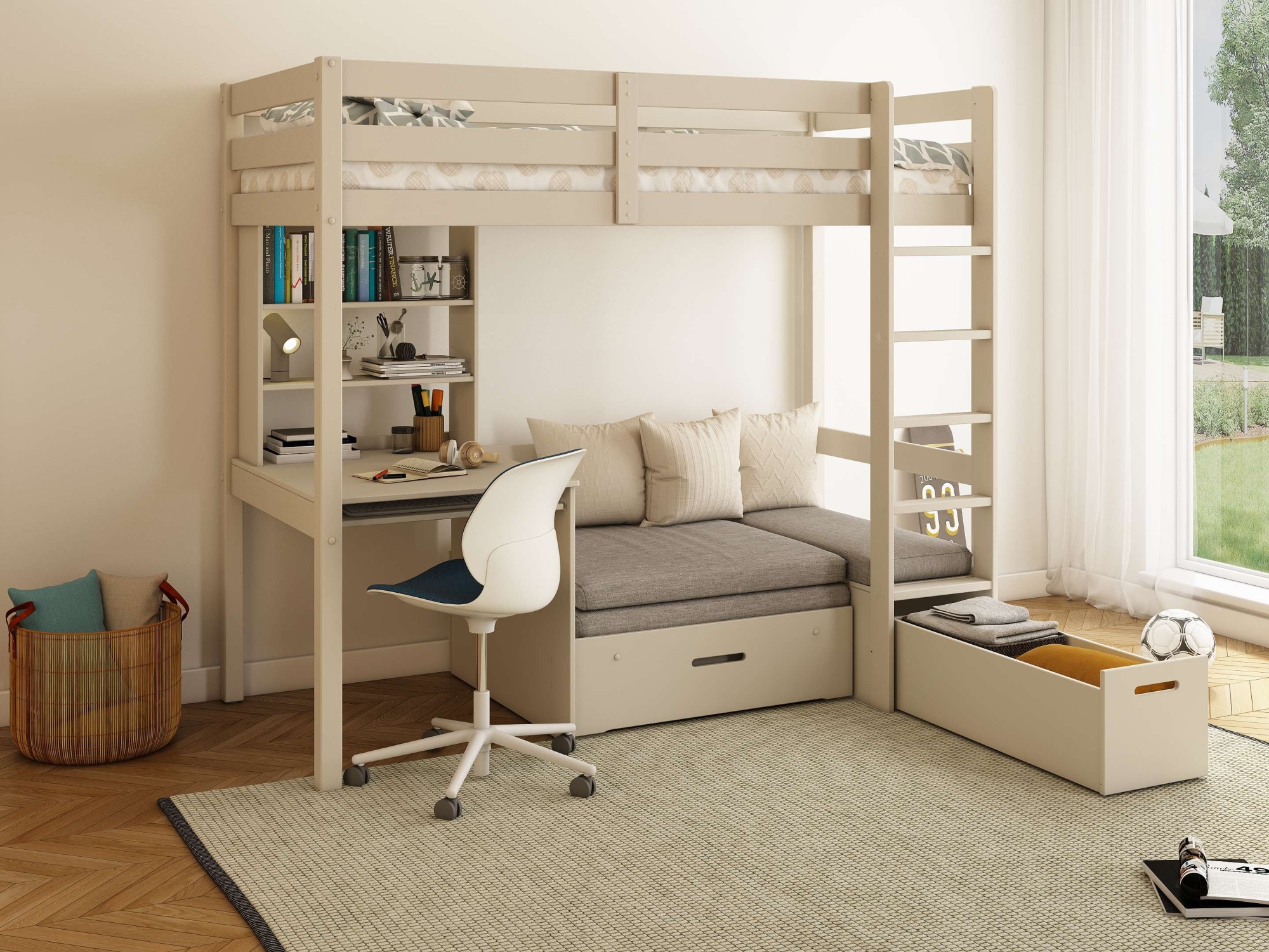 OTTO home Etagenbett »HENNE' TOPSELLER! Hochbett, Ideal für kleine Räume, 2 Schlafplätze« zweiter Schlafplatz ausziehbar, B/H/T ca. 208/180/105cm,  mit Polsterauflagen, Schreibtisch, Stauraum, seitenverkehrt montierbar