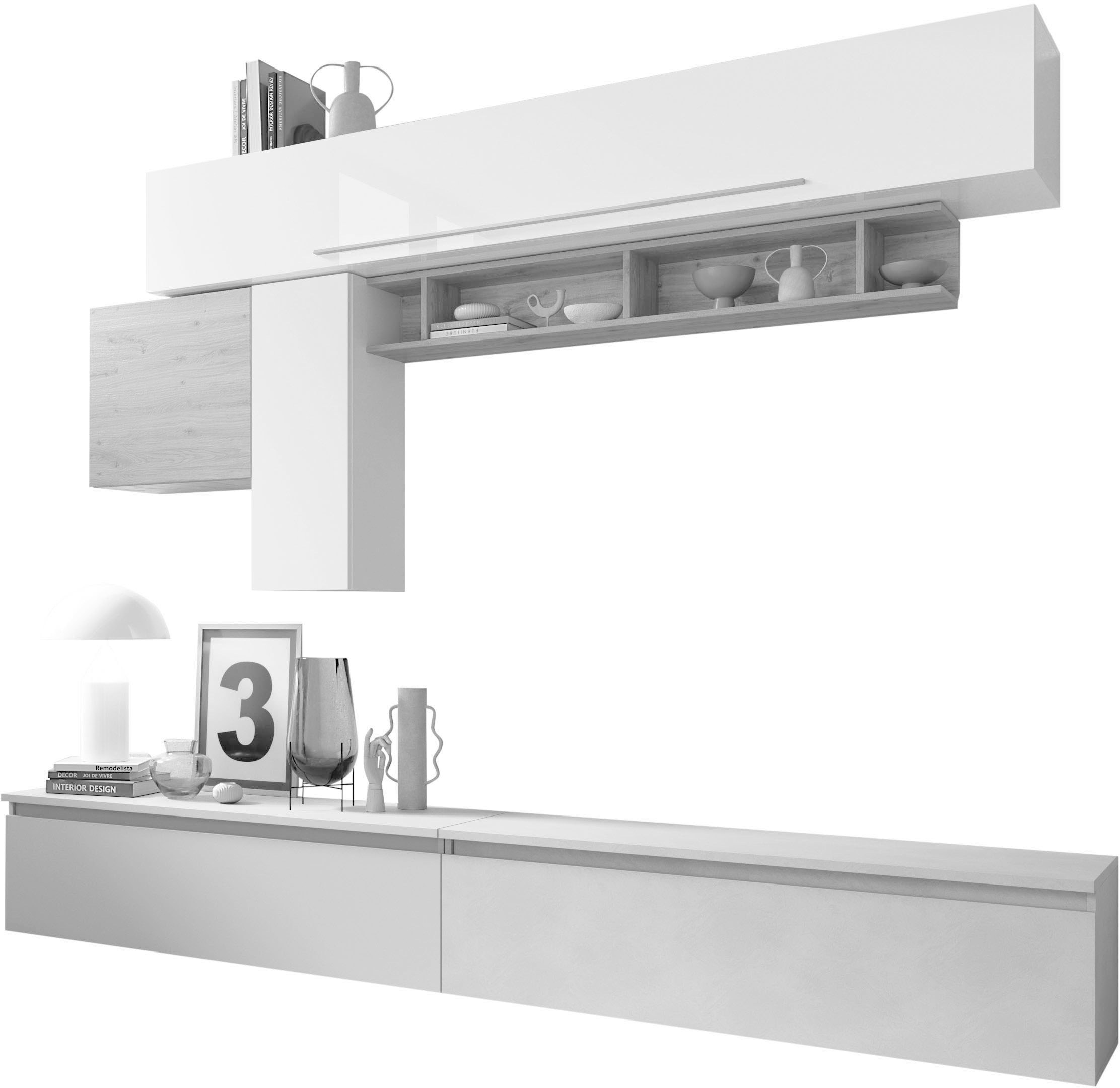 INOSIGN Wohnwand »INFINITY, 6tlg. Breite 262 cm, Höhe variabel, Schrankw., (2x Lowboard,«, (6 St.), Hängeschrank mit Griff, Hängeschrank, Hängewürfel, Wandregal)