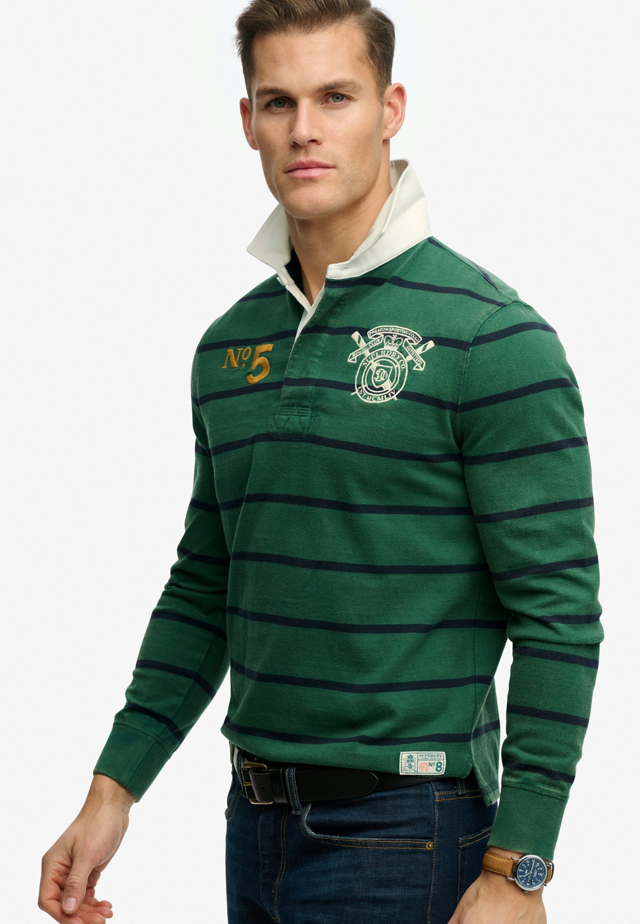 Superdry Langarmshirt »DOUBLE EMBLEM STRIPE RUGBY« aus Baumwolle und Single Jersey, Relaxed Fit, gestreifte Optik