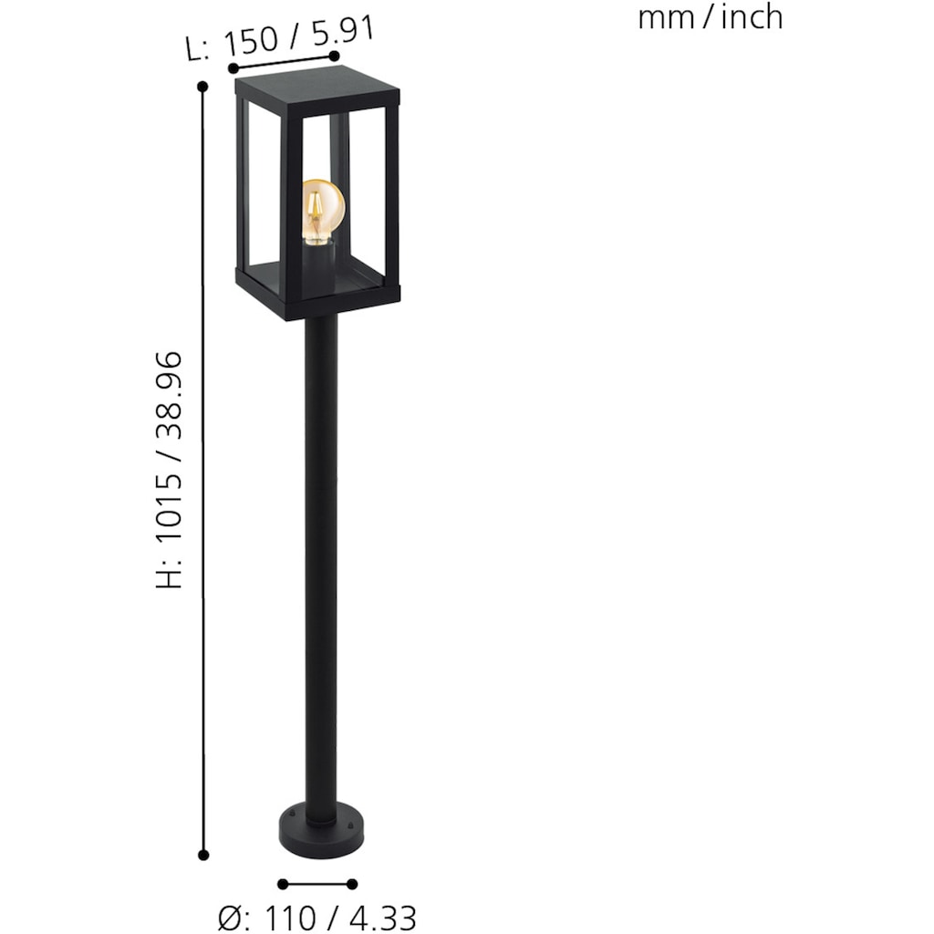 EGLO Außen-Stehlampe »ALAMONTE 1«, E27, schwarz / L15 x H101,5 x B15 cm / exkl. 1 x E27 (je max. 60W) - IP44 spritzwassergeschützt - Leuchte - Garten - Eingangsbereich - Vintage - Retro - Rustikal - Stehlampe für Außenbereich - witterungsbeständig