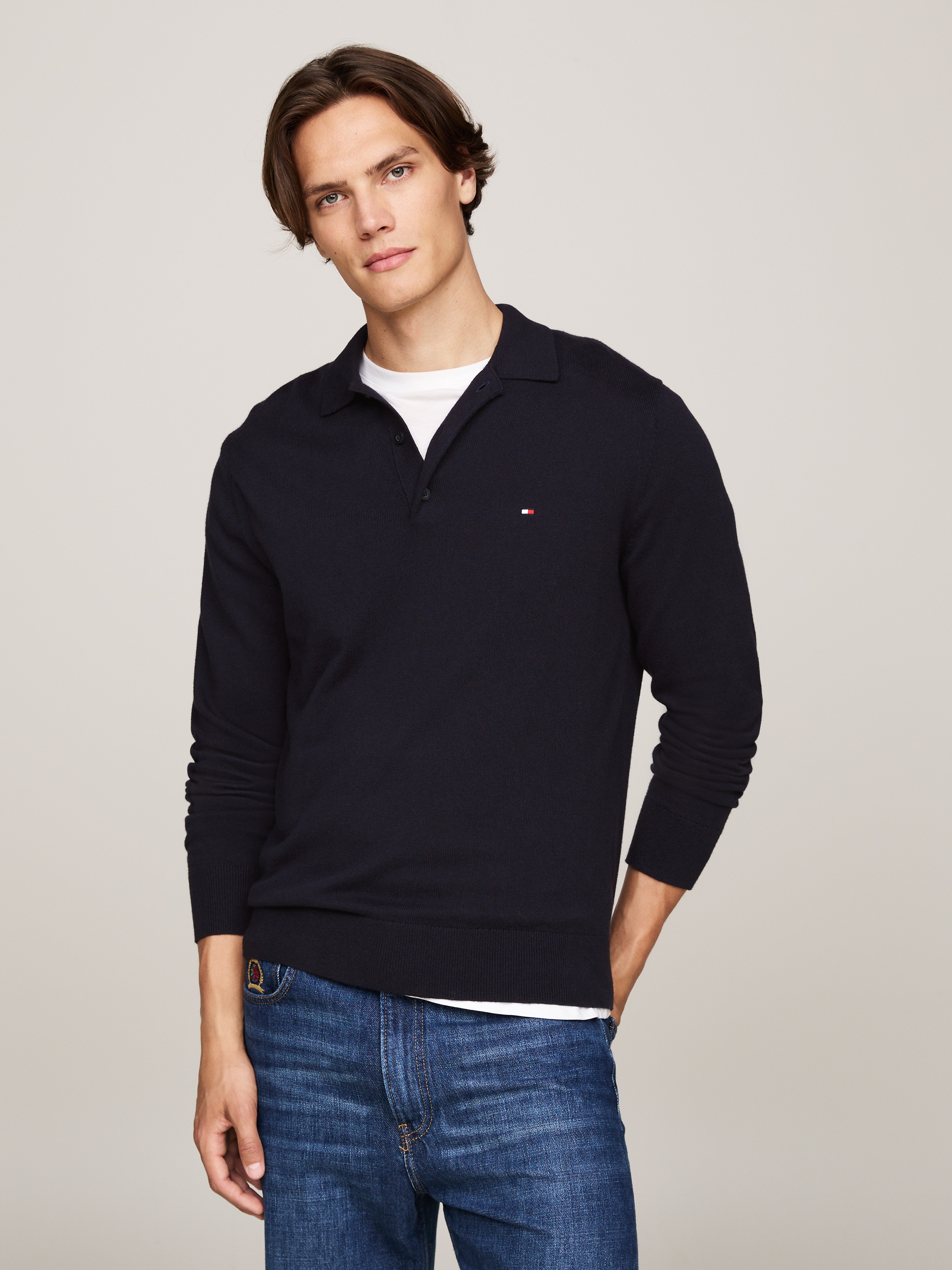 Tommy Hilfiger Polokragenpullover »PIMA ORG CTN CASHMERE LS POLO« Flag-Stickerei auf Brust