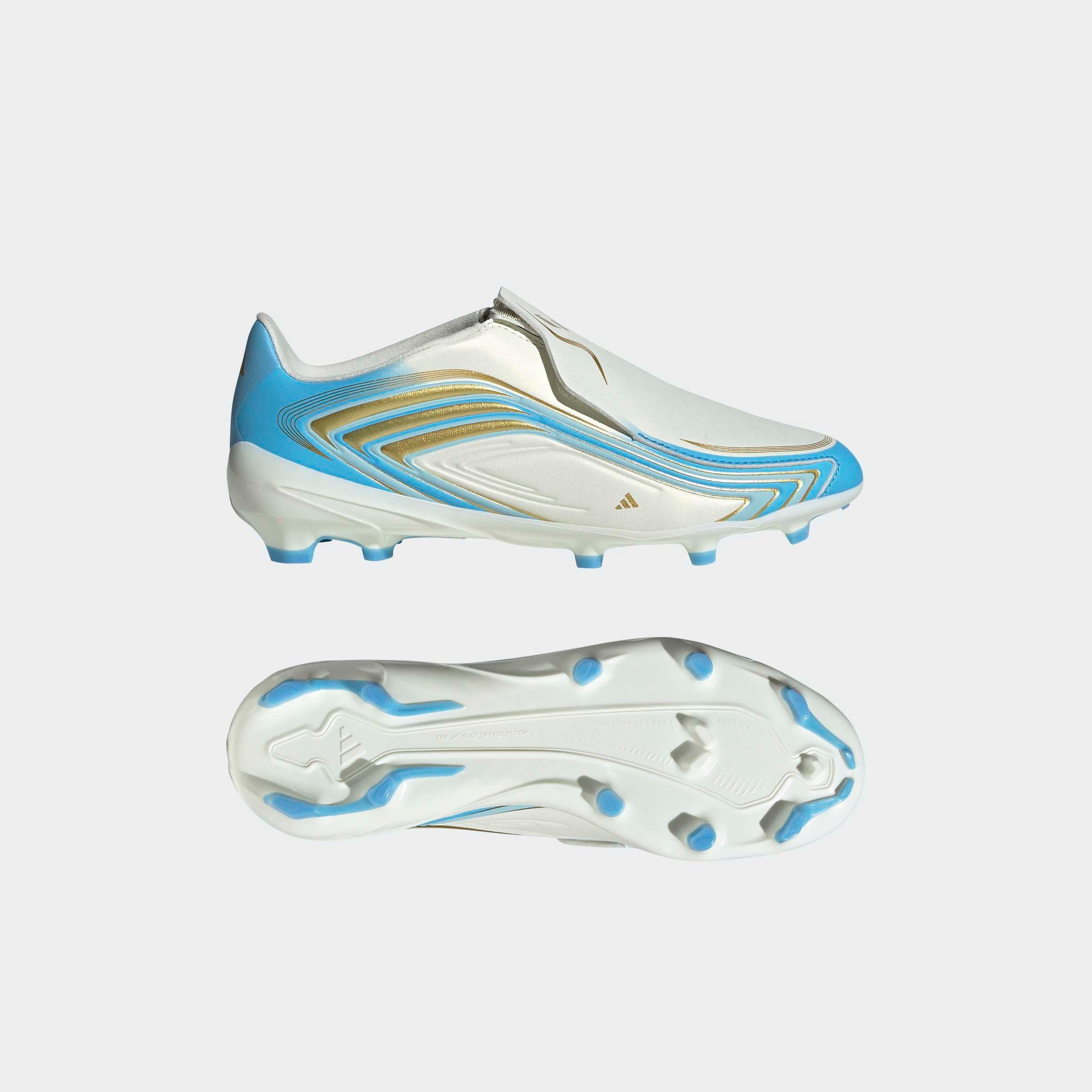 adidas Performance Fußballschuh »F50 MESSI LEAGUE KIDS , FESTE BÖDEN, OHNE SCHNÜRSENKEL«  Außensohle für Rasen und feste Böden, für Jugendliche & Kinder