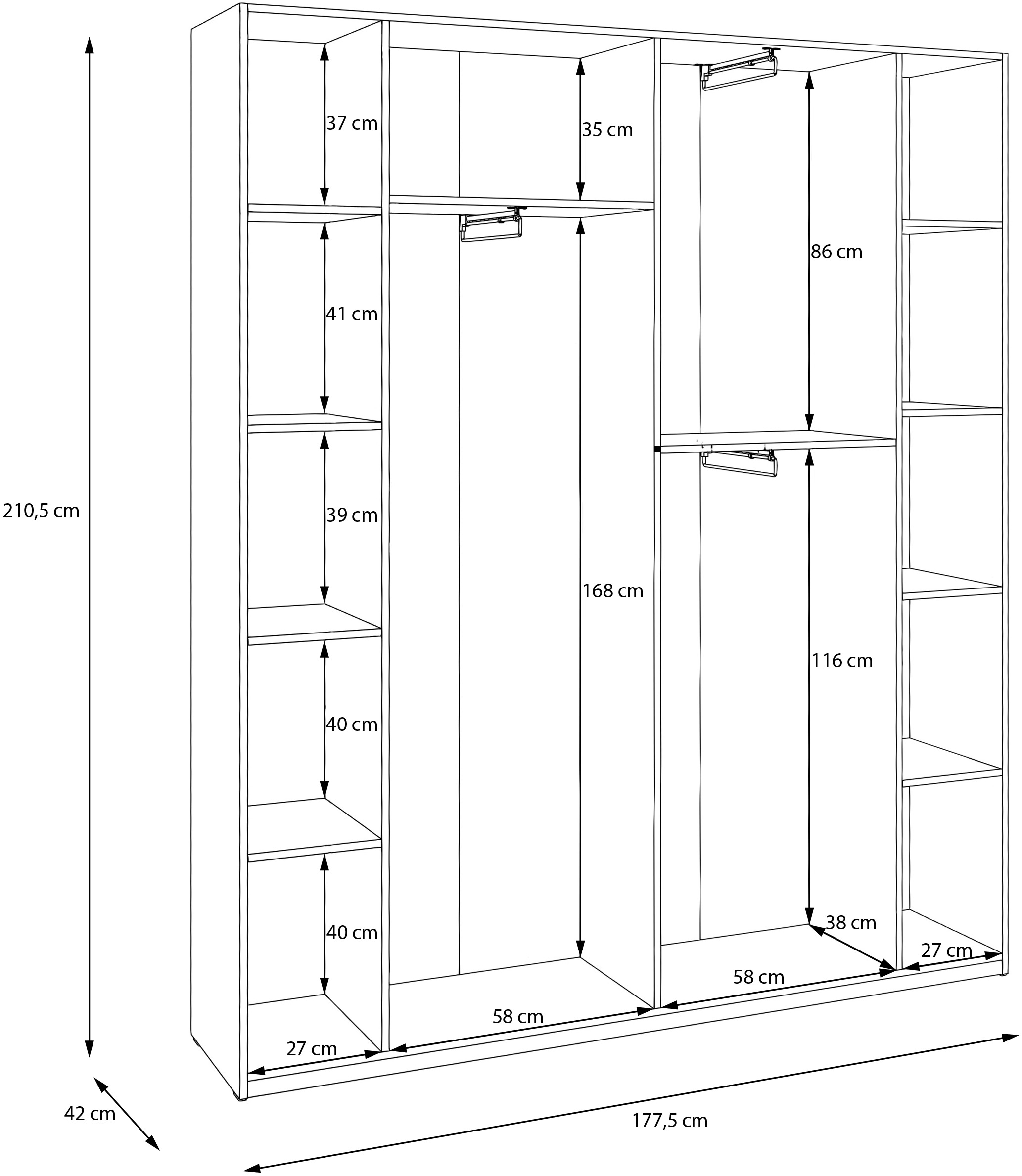 FORTE Kleiderschrank B/H/T 177,5/210,5/42 cm, stehende Montage