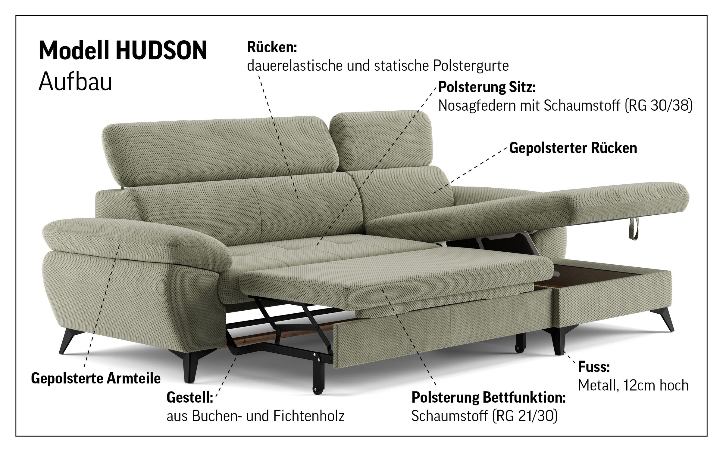 COTTA Ecksofa »Hudson L-Form«, inkl. verstellbare Kopfstützen, wählbar mit Bettfunktion und Stauraum