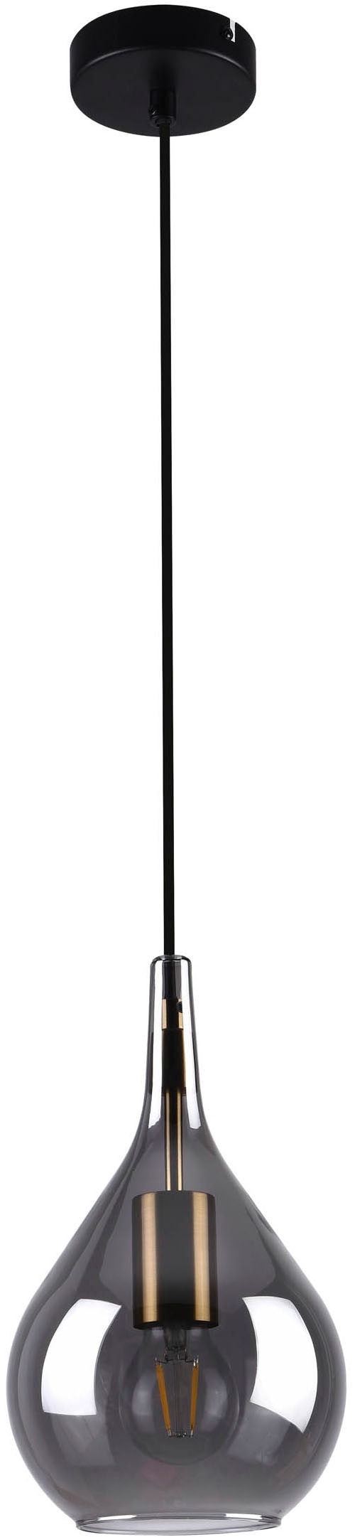 näve Pendelleuchte »Gota« E27 1 Stk. Rauchglas D: 20cm, exkl. 1x E27, H: 150cm, Baldachin und Kabel schwarz