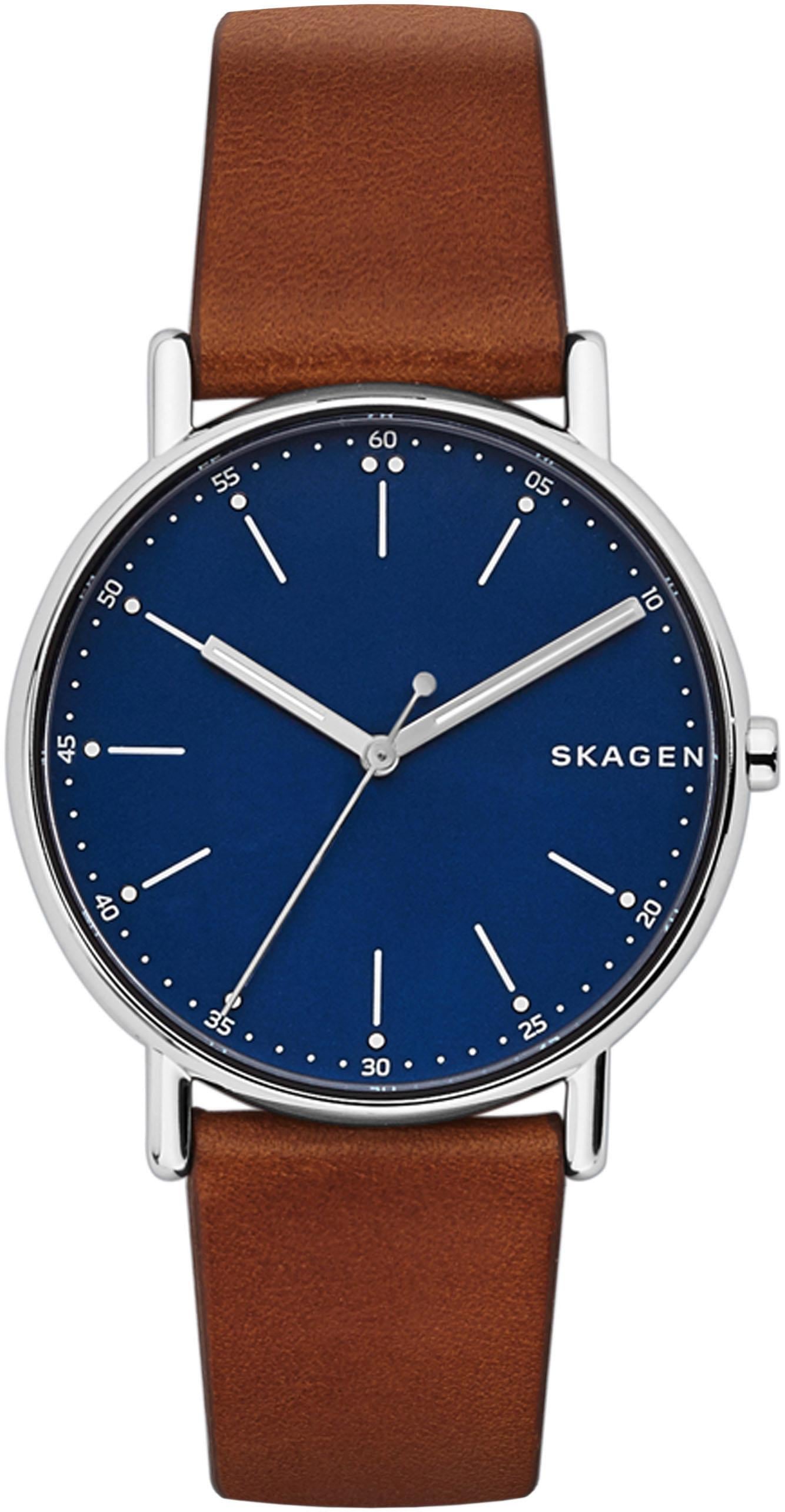 Skagen Quarzuhr »SIGNATUR«, Armbanduhr, Herrenuhr, Damenuhr, Leuchtzeiger, Lederarmband