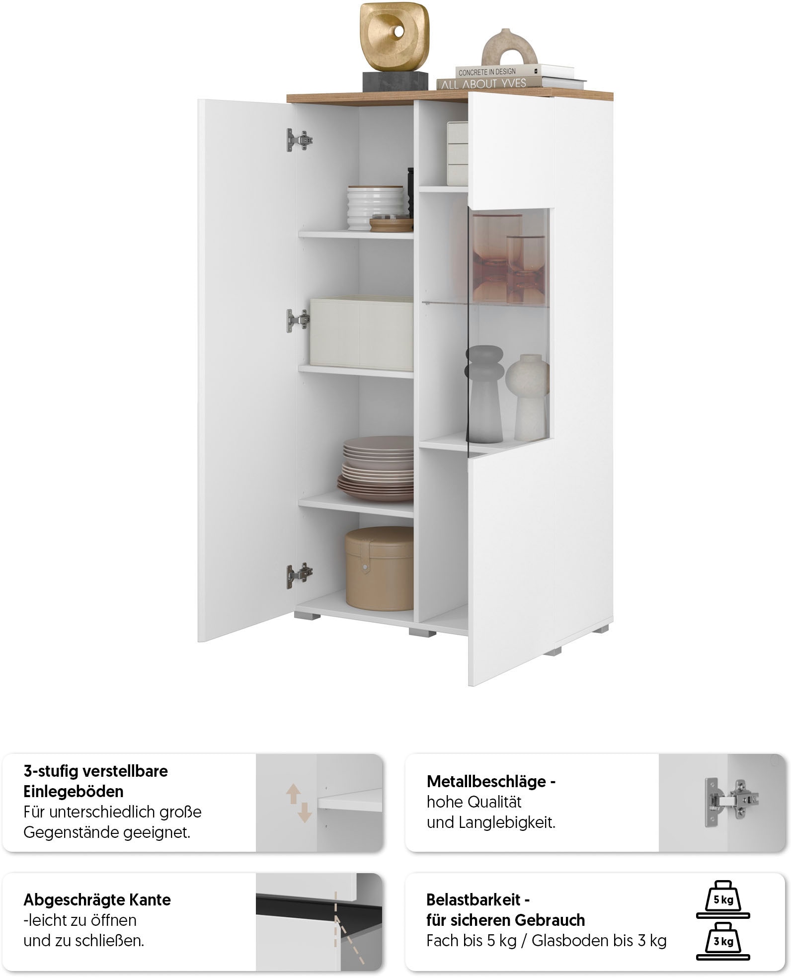 INOSIGN Vitrine »Modo, Breite 80 cm, moderner griffloser Vitrineschrank«, Vitrine mit viel Stauraum, Einlegeböden verstellbar, Glastür
