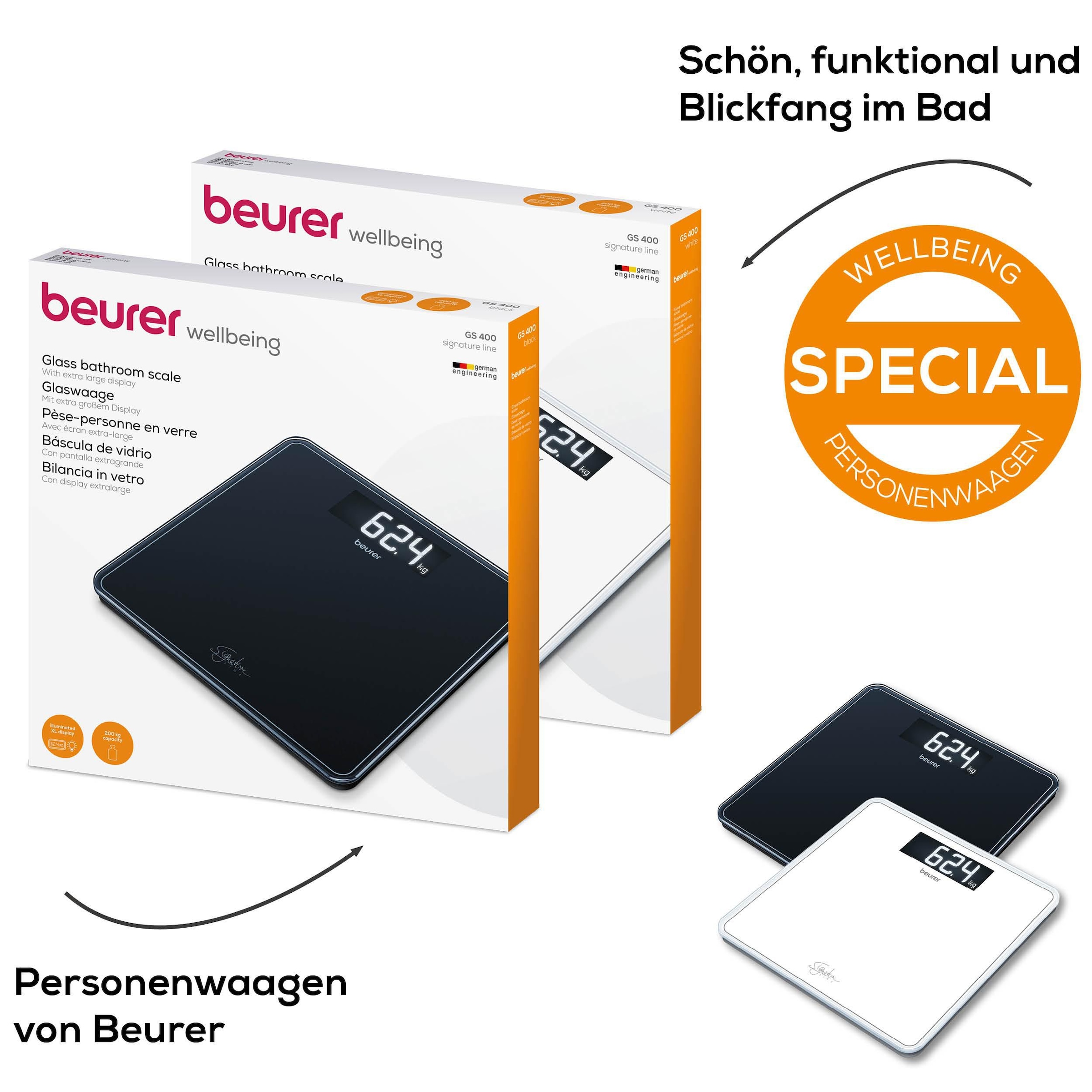 BEURER Personenwaage »GS 400, große Trittfläche mit 8 mm weißem Sicherheitsglas«, XL-Display, Tragkraft bis 200 kg und praktische Einschaltautomatik