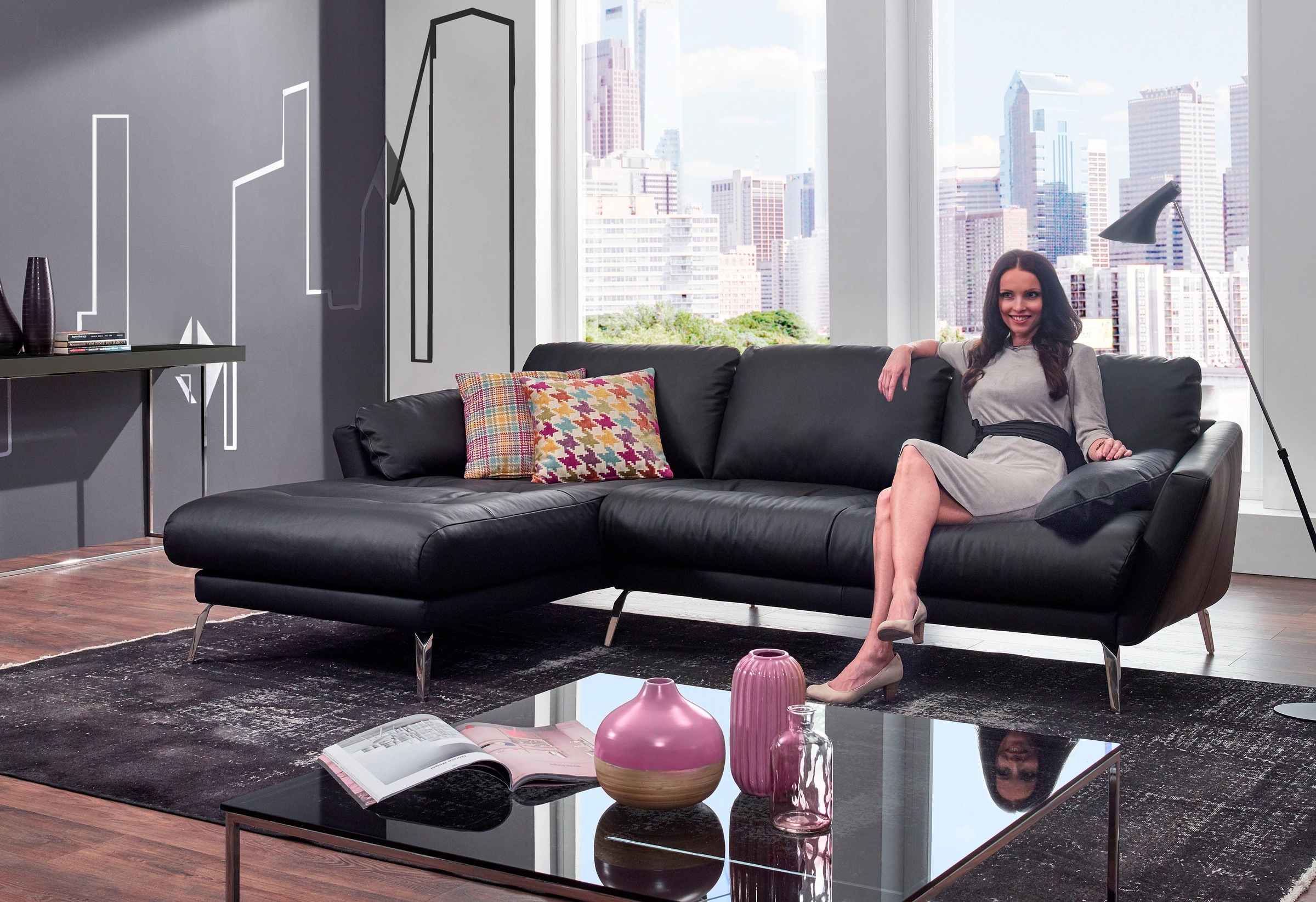 W.SCHILLIG Ecksofa »softy, Designsofa, zeitlos und elegant, hoher Sitzkomfort, L-Form«, mit dekorativer Heftung im Sitz, Füße Chrom glänzend