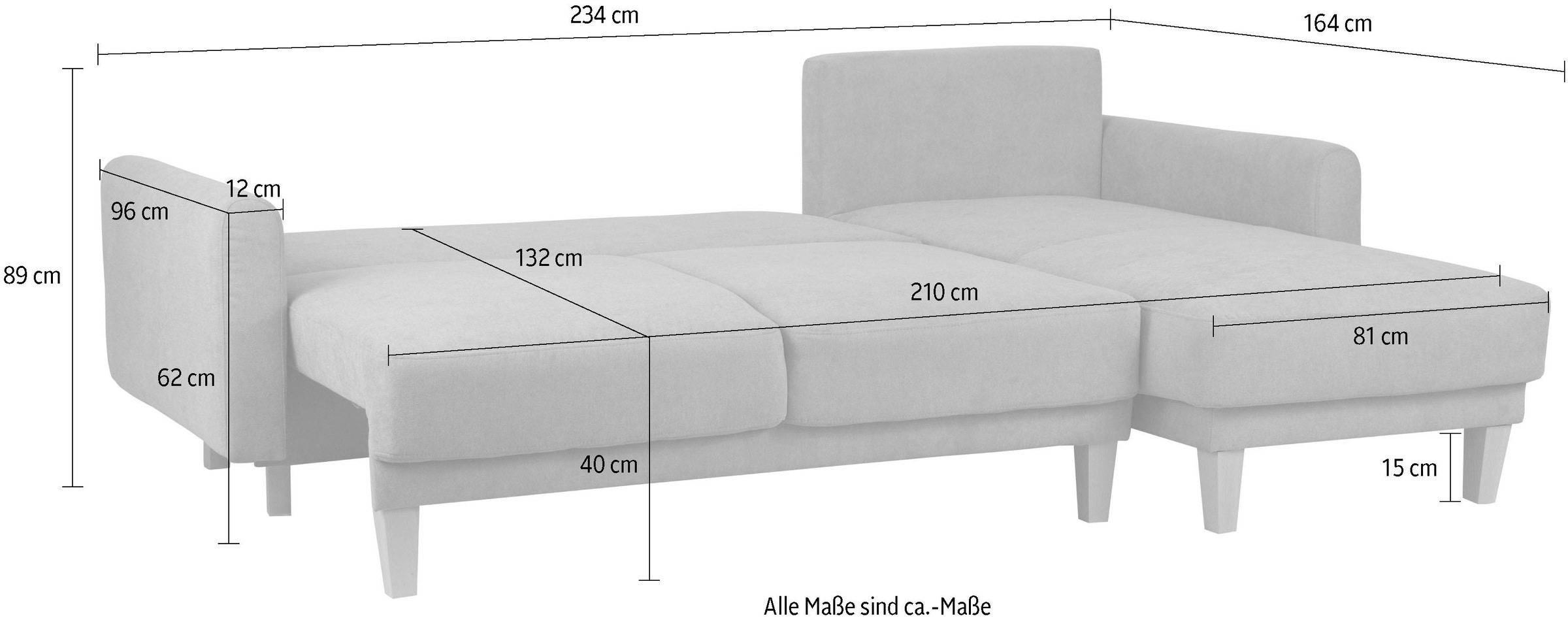 Home affaire Ecksofa »TRIPLO optionale Schlafsofa mit Bettkasten, Maße B/T/H: 234/164/89 cm«, L-Form wahlweise mit Bettfunktion - Liegefläche 132x210 cm