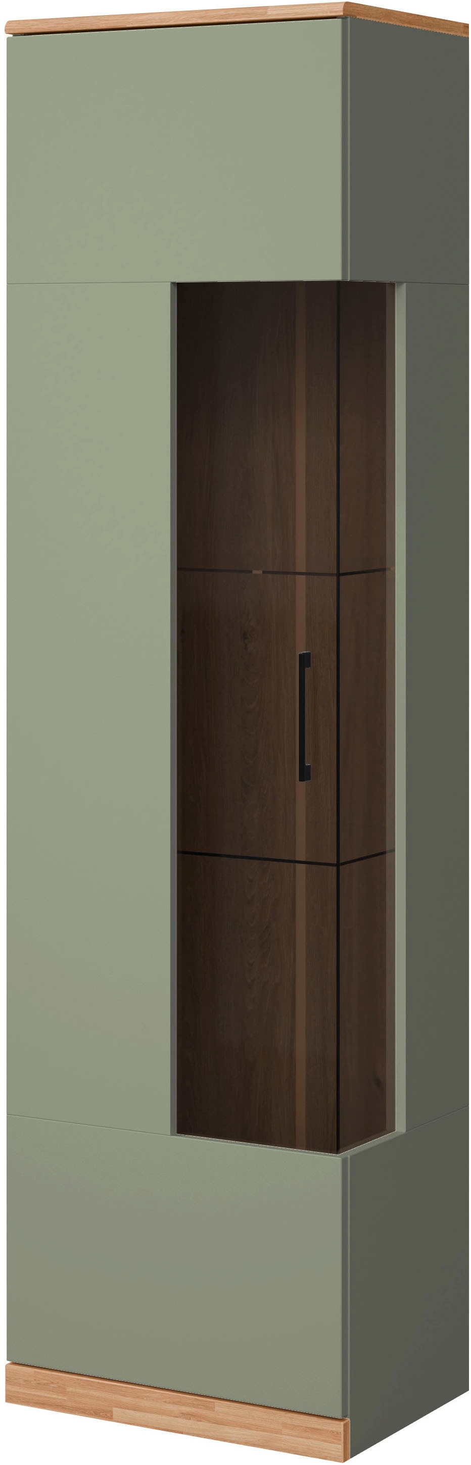 OTTO home Vitrine »Ribe,180cm hoch,5 Fächer,2 Glasböden variabel einsetzbar« Oberplatte Eiche massiv,dunkles Glas, schwarze Metall Griffe