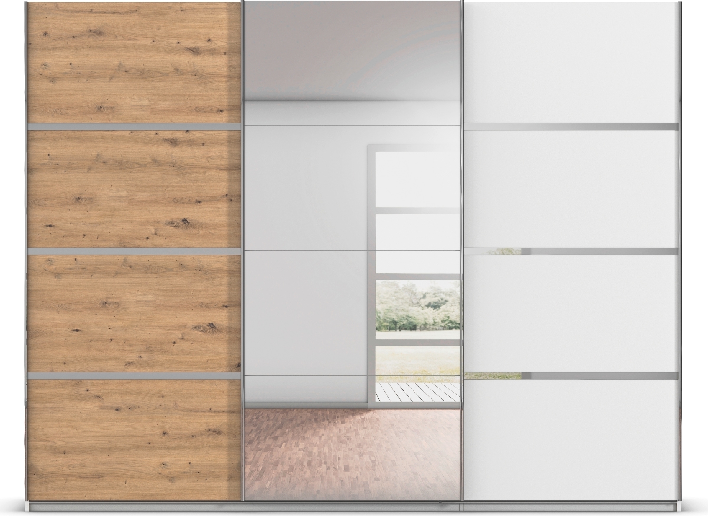 rauch Kleiderschrank »Schwebetürenschrank OTTO´s Choice Garderobe Schrank TOP ANGEBOT Avola«, (in 3 verschiedenen Ausstattungen BASIC/CLASSIC/PREMIUM inkl. Spiegel), mit eleganten Zierleisten in Chrom, Schwarz oder Weiß MADE IN GERMANY