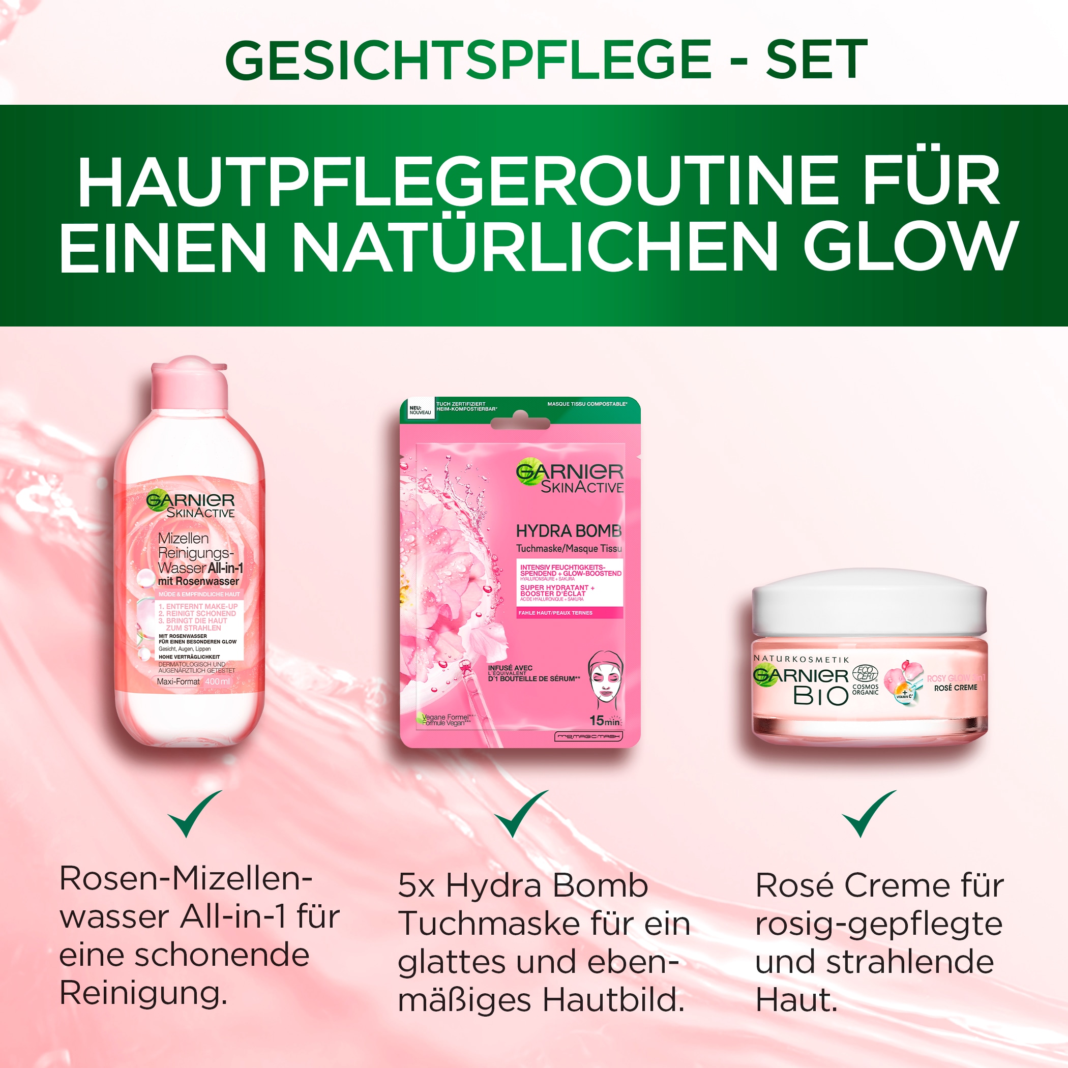GARNIER Gesichtspflege-Set »Rosé Glow«, UNIVERSAL | (3 kaufen tlg.)