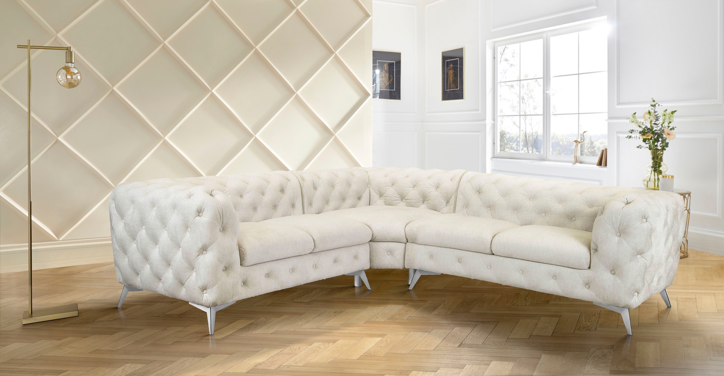 Leonique Chesterfield-Sofa »Ecksofa GLYNIS L-Form mit Wellenunterfederung, Maße B/T/H 264/264/75cm«, aufwändige Knopfheftung, moderne Chesterfield Optik, Fußfarbe wählbar