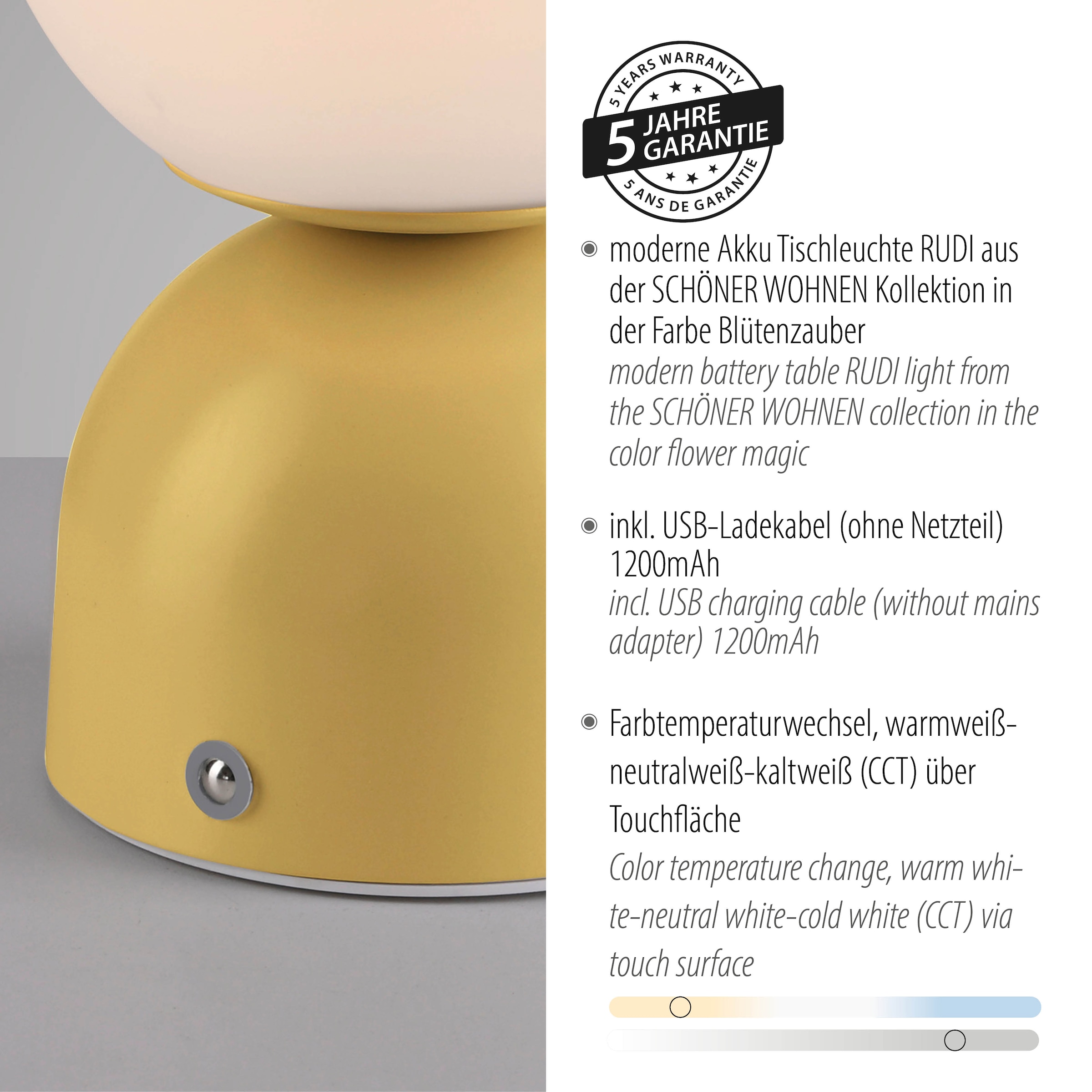 SCHÖNER WOHNEN-Kollektion LED Tischleuchte »RUDI« LED-Board 1 Stk. warmweiß - kaltweiß SCHÖNER WOHNEN Kollektion, CCT 3000-6000K, Touchdimmer, Memoryfunktion