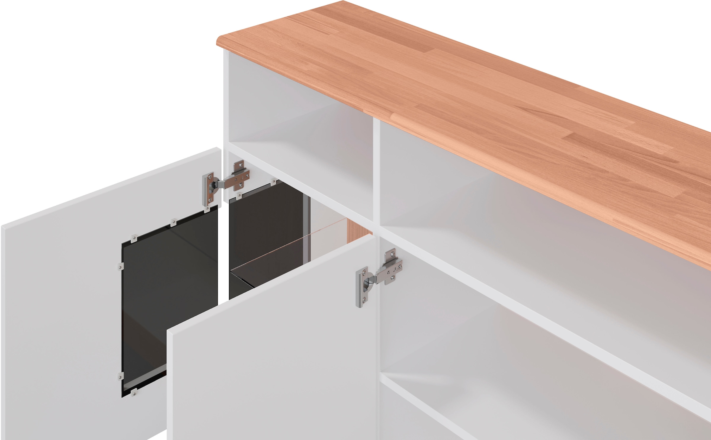 Home affaire Sideboard »Ribe,180cm breit,Oberplatte aus Massivholz, 9 Fächer«, Oberplatte Massivholz,schwarze Metall Griffe,2 Türen mit Glaseinsatz