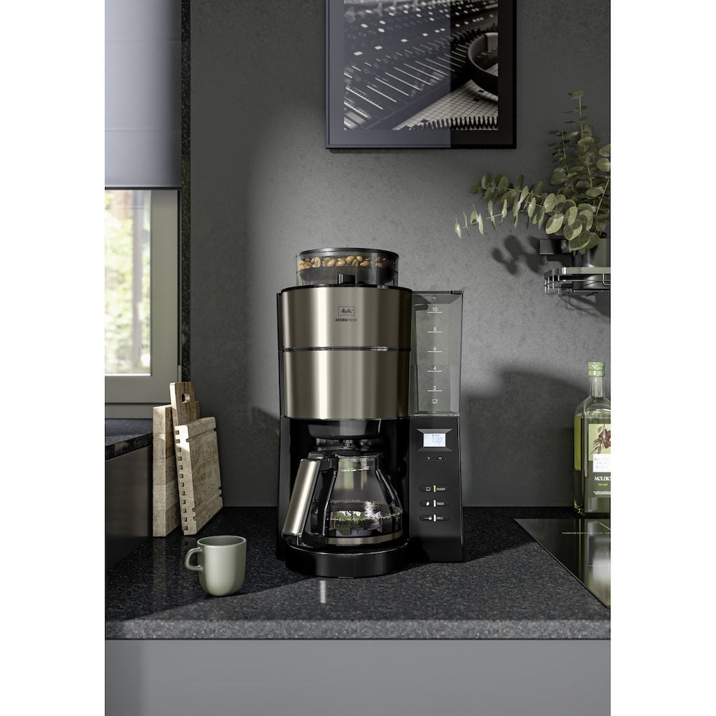 Melitta Kaffeemaschine mit Mahlwerk »AromaFresh«, 1,25 l Kaffeekanne, Papierfilter, 1x4, Glas 1021-03 anthrazit