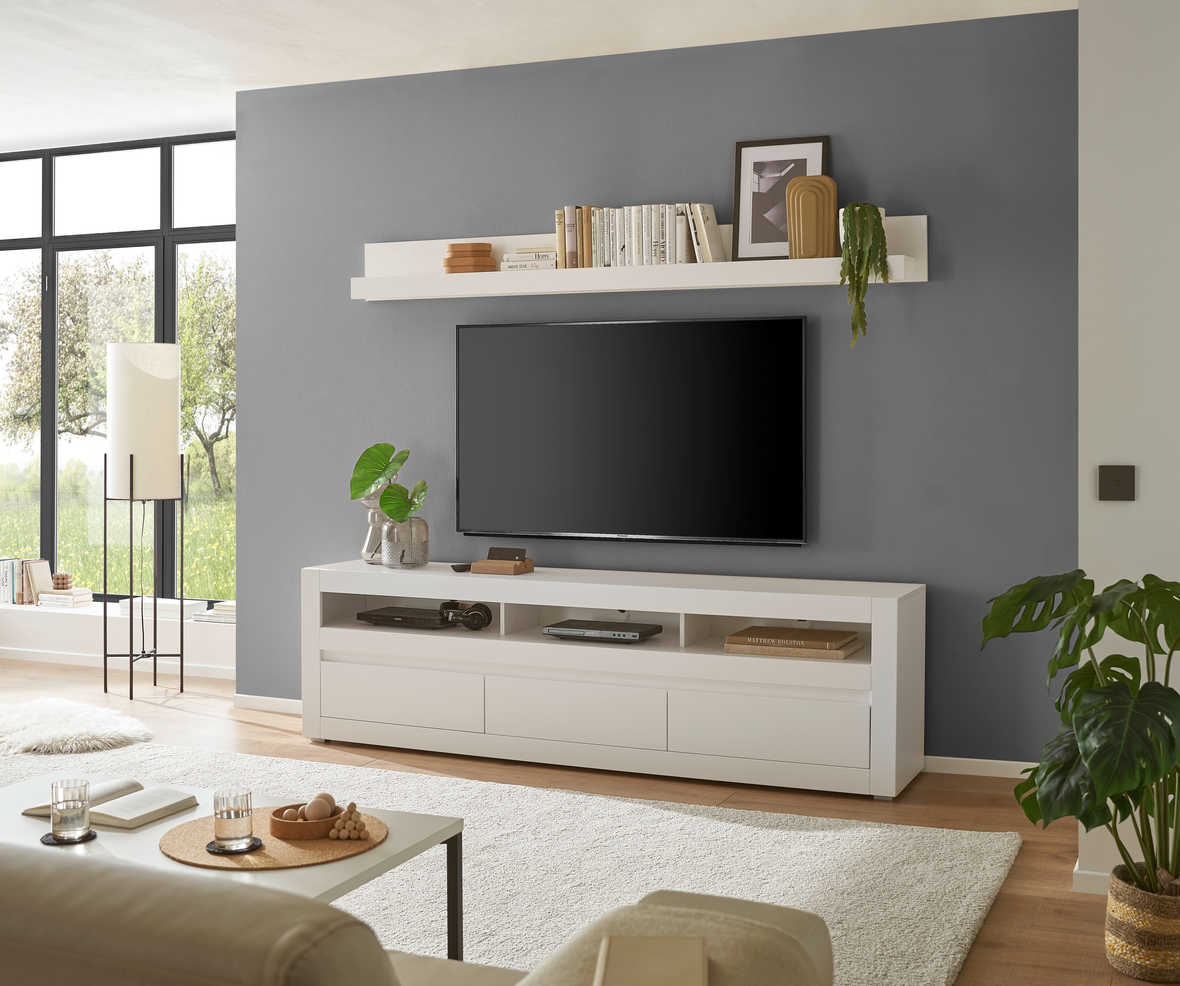 INOSIGN Wohnwand »Anbauwand in Weiß Matt, Wohnzimmer-Set mit austauschbarer Blende«, (Set, 2 St.), enhält Lowboard, Wandboard, zeitloses Design, 217 cm breit