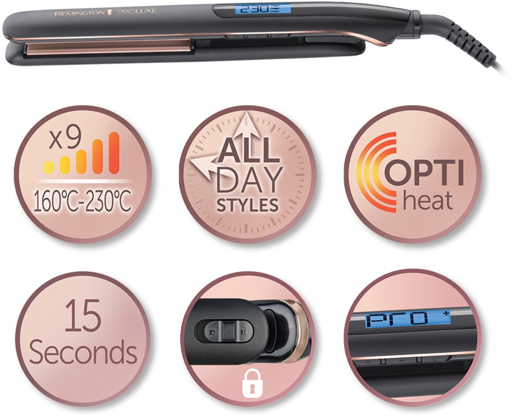 Remington Glätteisen »S9100B E51 PROluxe Midnight«, Ultimate-Glide-Keramik-Beschichtung, OPTIheat-Technologie, LCD display, 110mm lange Keramikstylingplatten
