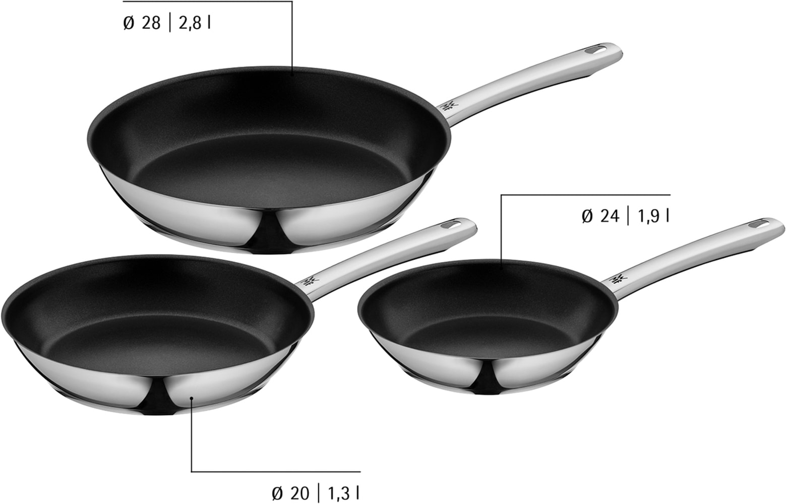 WMF Pfannen-Set »Nordic Profi, Pfannenset Induktion, herausragende Antihaftversiegelung« Cromargan® Edelstahl Rostfrei 18/10 Set, 3x Bratpfannen Ø 20/24/28 cm, 3 Stk. tlg. TransTherm-Allherdboden spart Energie, geeignet für alle Herdarten