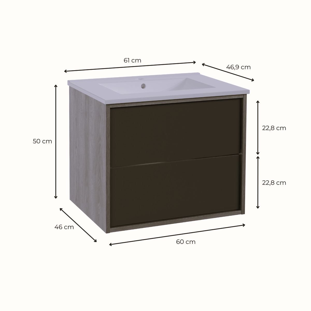 welltime Waschtisch »Waschbeckenunterschrank Line mit Waschbecken,Badmöbel,zwei Schubladen«, Badschrank mit Waschbecken, Push to open, Maße B/H/T: 61/53/47 cm