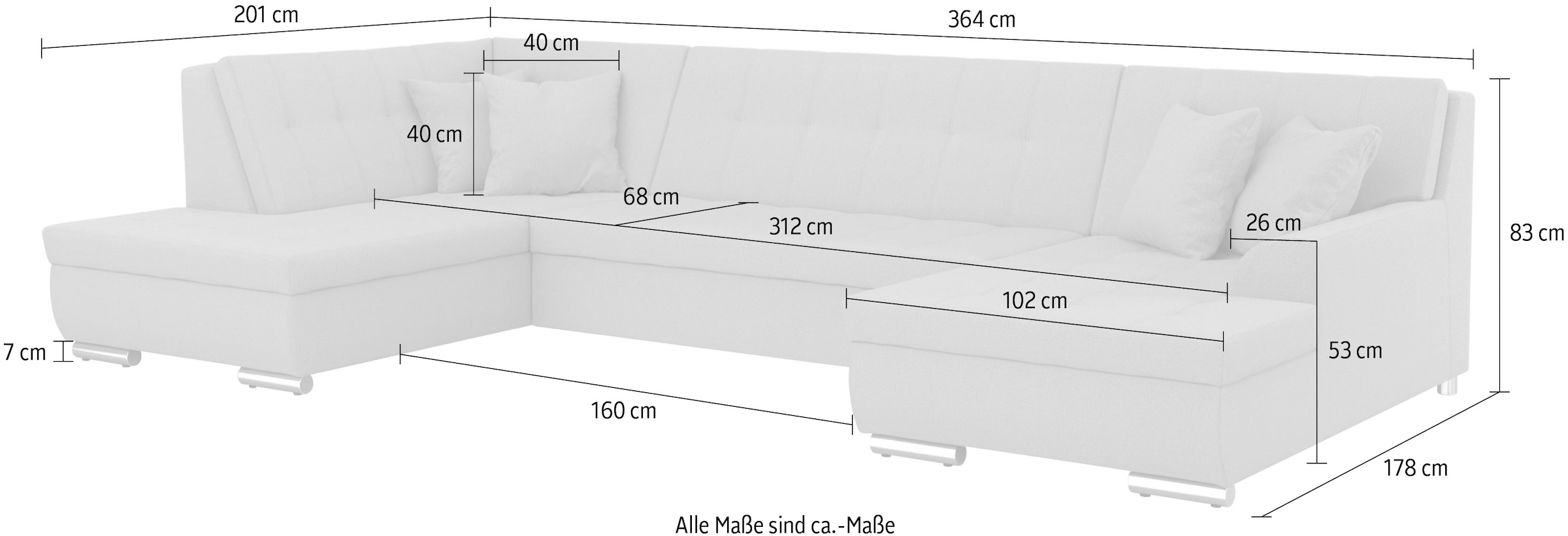 DOMO collection Wohnlandschaft »Treviso incl. Zierkissen, moderne Steppung, XXL: B/T/H: 364/201/83 cm« wahlweise mit Bettfunktion, in vielen Bezugsarten auch in Cord  U-Form