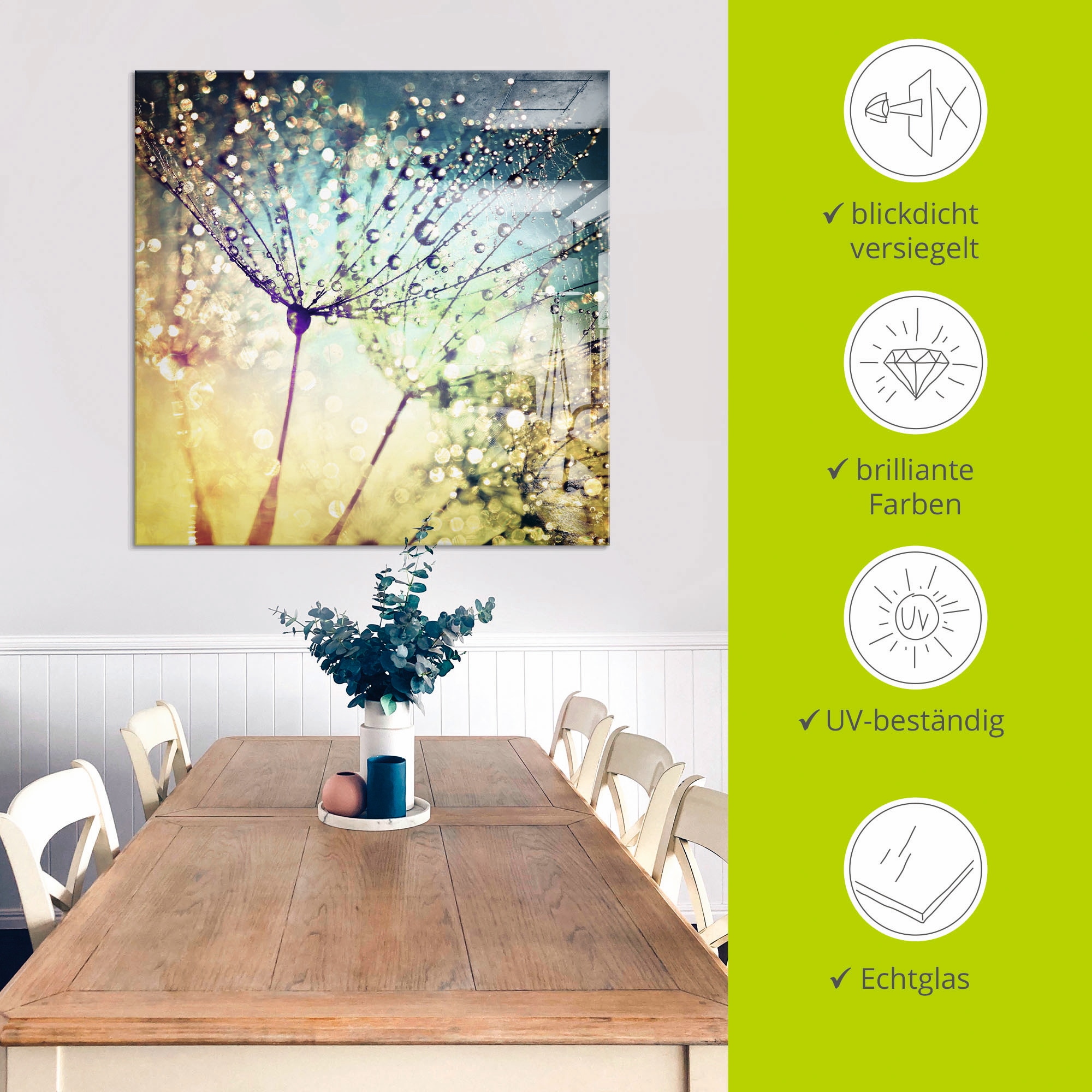 Artland Glasbild »Pusteblume Zaubertropfen«, Blumen, (1 St.), in verschiedenen Größen