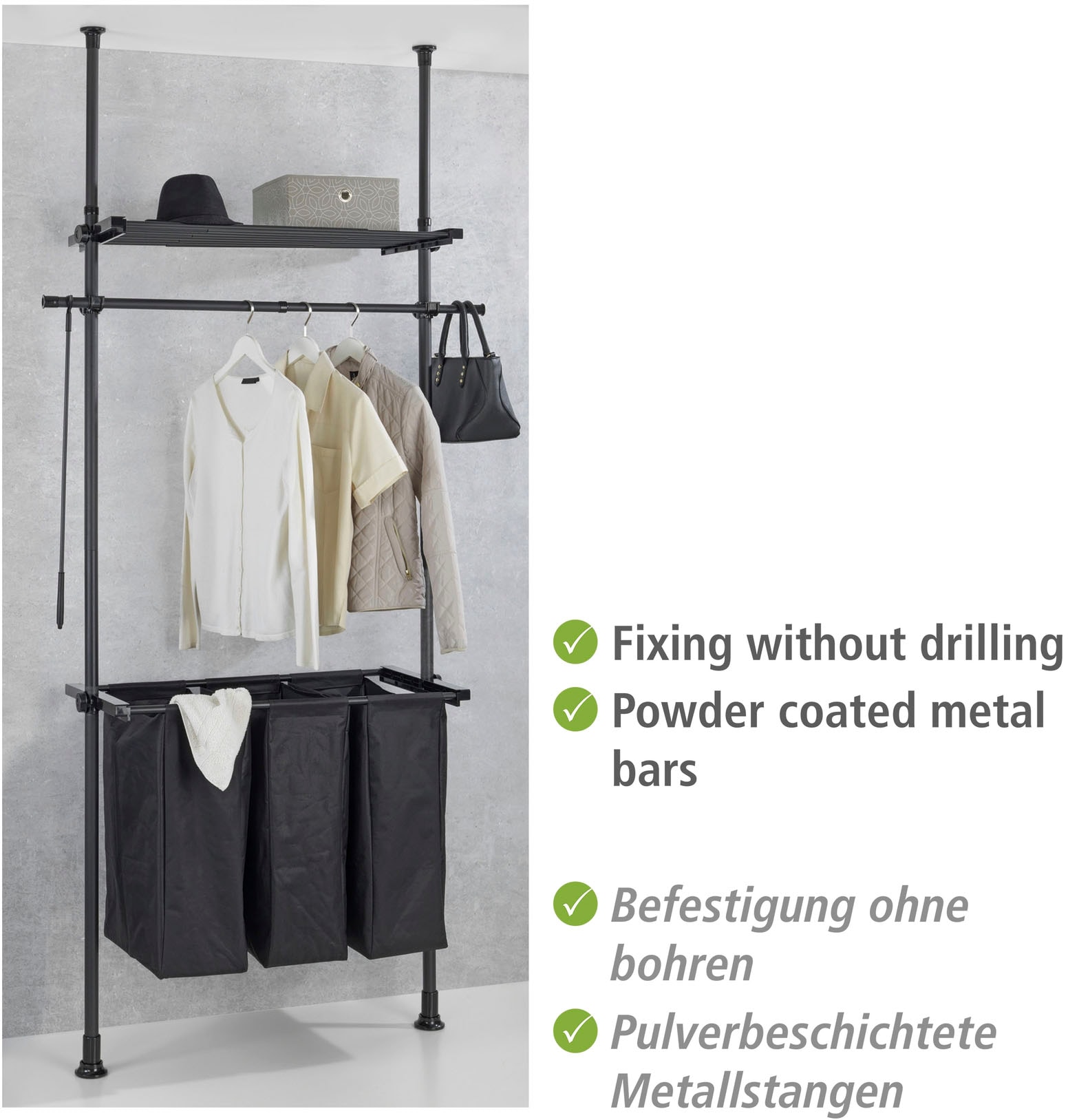 WENKO Wäschesortierer »Modell Herkules Laundry«, Teleskopsystem zum Klemmen, Befestigen ohne Bohren, mit Wäschesammler