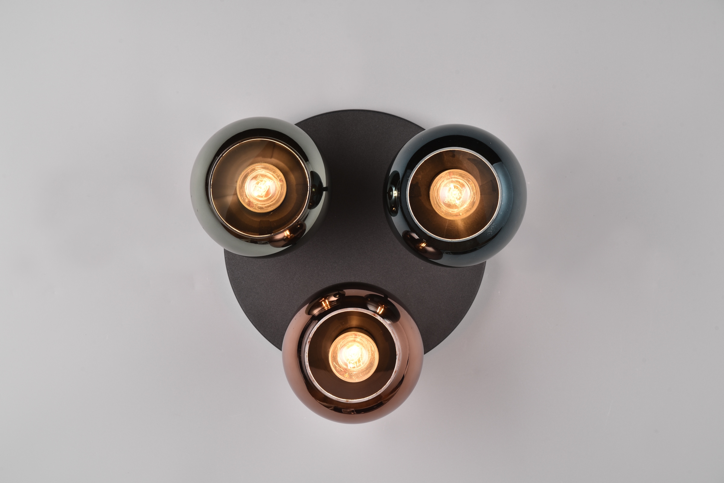 REALITY Leuchten Deckenleuchte »SHELDON, Deckenlampe 3-flammig exkl 3x E14 max 10W Glasschirme bunt«, 3 flammig, Leuchtmittel E14 | Leuchtmittel wechselbar, Ø gesamt 33cm, Deckenleuchte blau grün + kupfer Glas verspiegelt