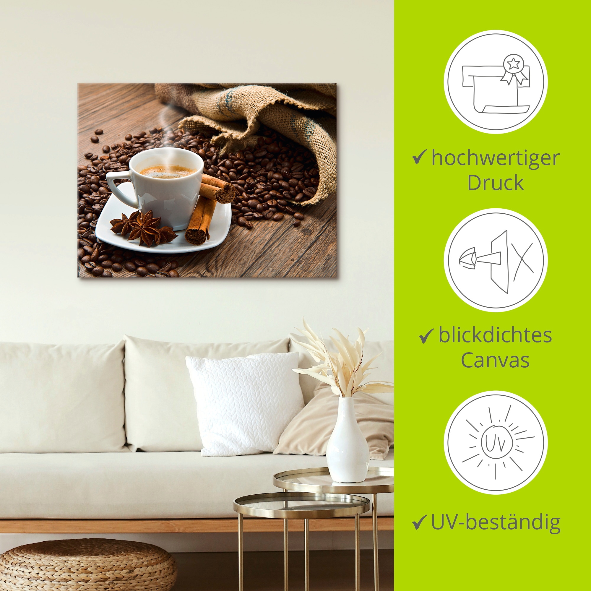 Artland Leinwandbild »Kaffeetasse Leinensack mit Kaffeebohnen« Getränke 1 Stk. tlg. auf Holzrahmen gespannt