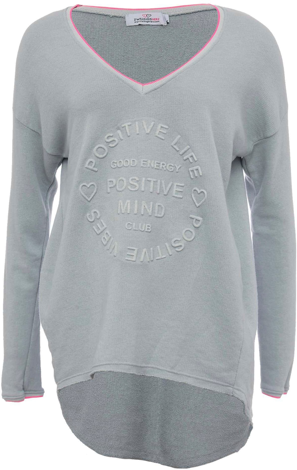 Zwillingsherz Sweatshirt »Sweatshirt Positive Mind mit Neonkante«, V-Ausschnitt Sweatshirt im Used-Look mit Kontrastnaht in Neonfarbe