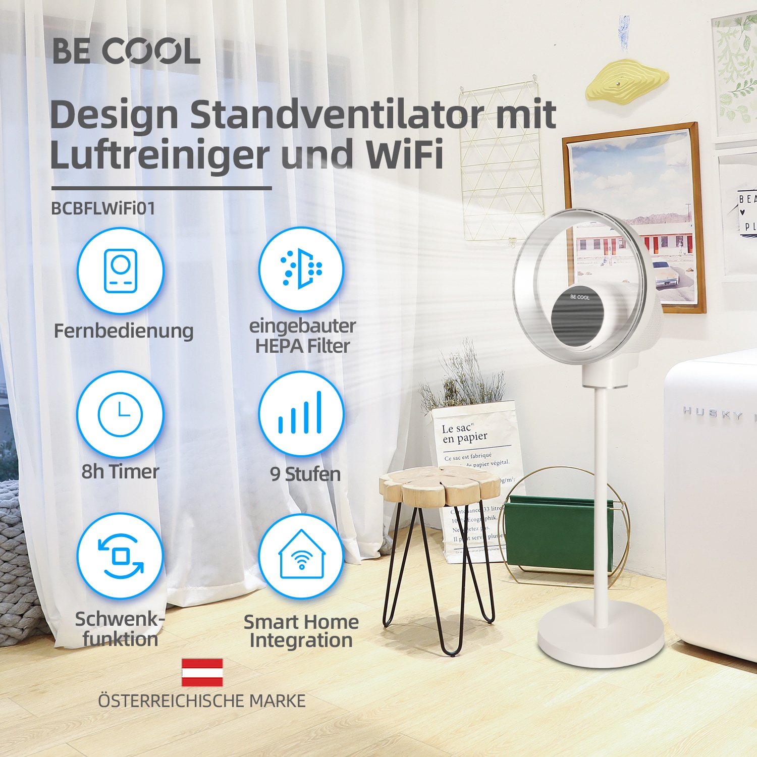 be cool Standventilator »Design-Standventilator mit WiFi«, unsichtbarer Flügel, LED-Beleuchtung, Luftreinigung, Tuya-kompatibel