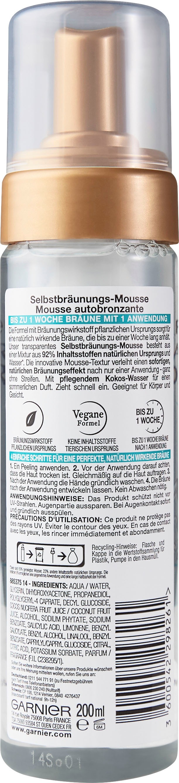 GARNIER Selbstbräunungsmousse »Ambre Solaire Natural Bronzer«, mit pflegendem Kokoswasser