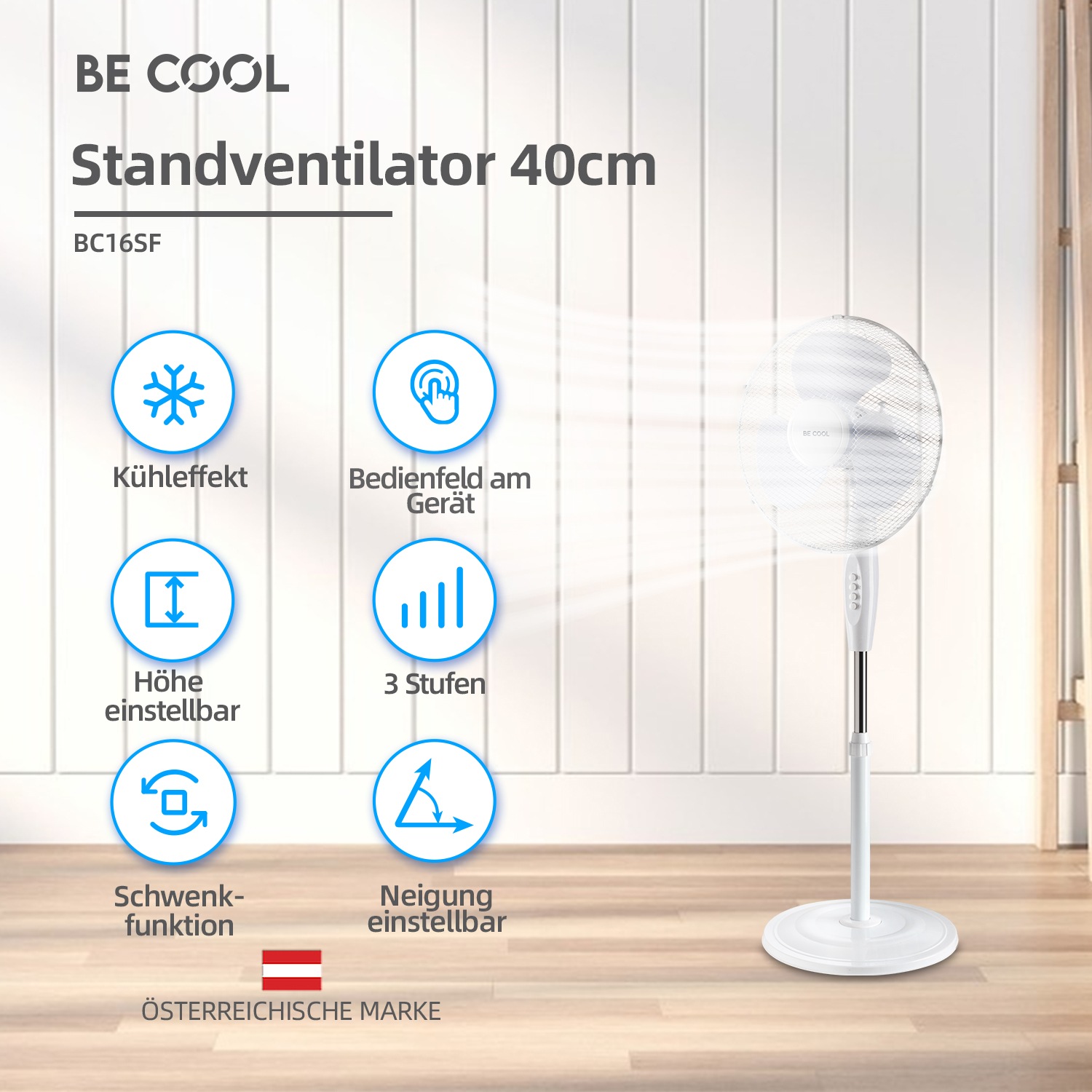 be cool Standventilator »Standventilator 40cm BC16SF« einfache Bedienung, höhenverstellbar