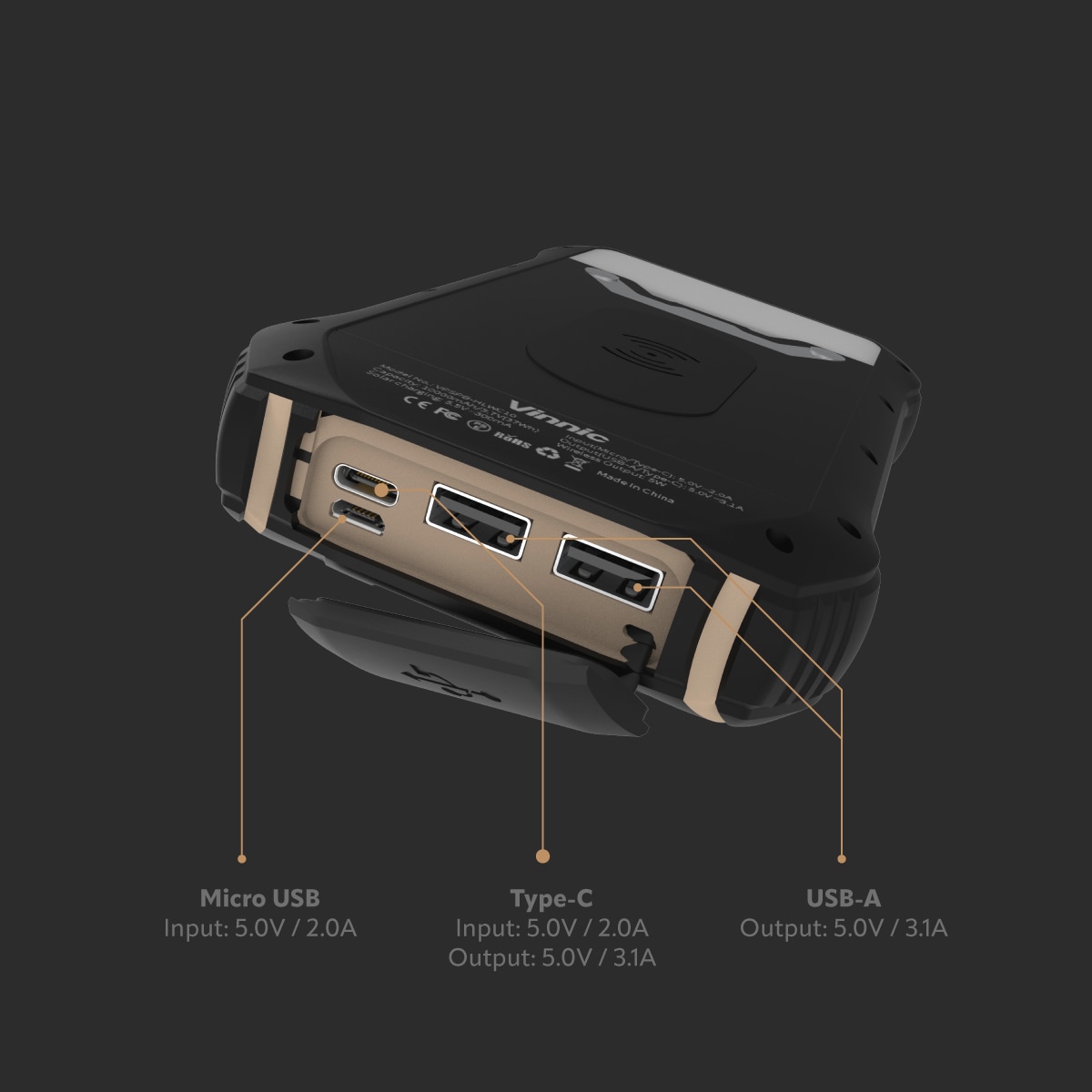 Vinnic Powerbank »SACA PEAK Solar Powerbank 10.000mAh IP65 1xUSB-C, 2xUSB-A«, Vinnic SACA PEAK Solar Powerbank 10.000mAh IP65 1xC 2xA,black