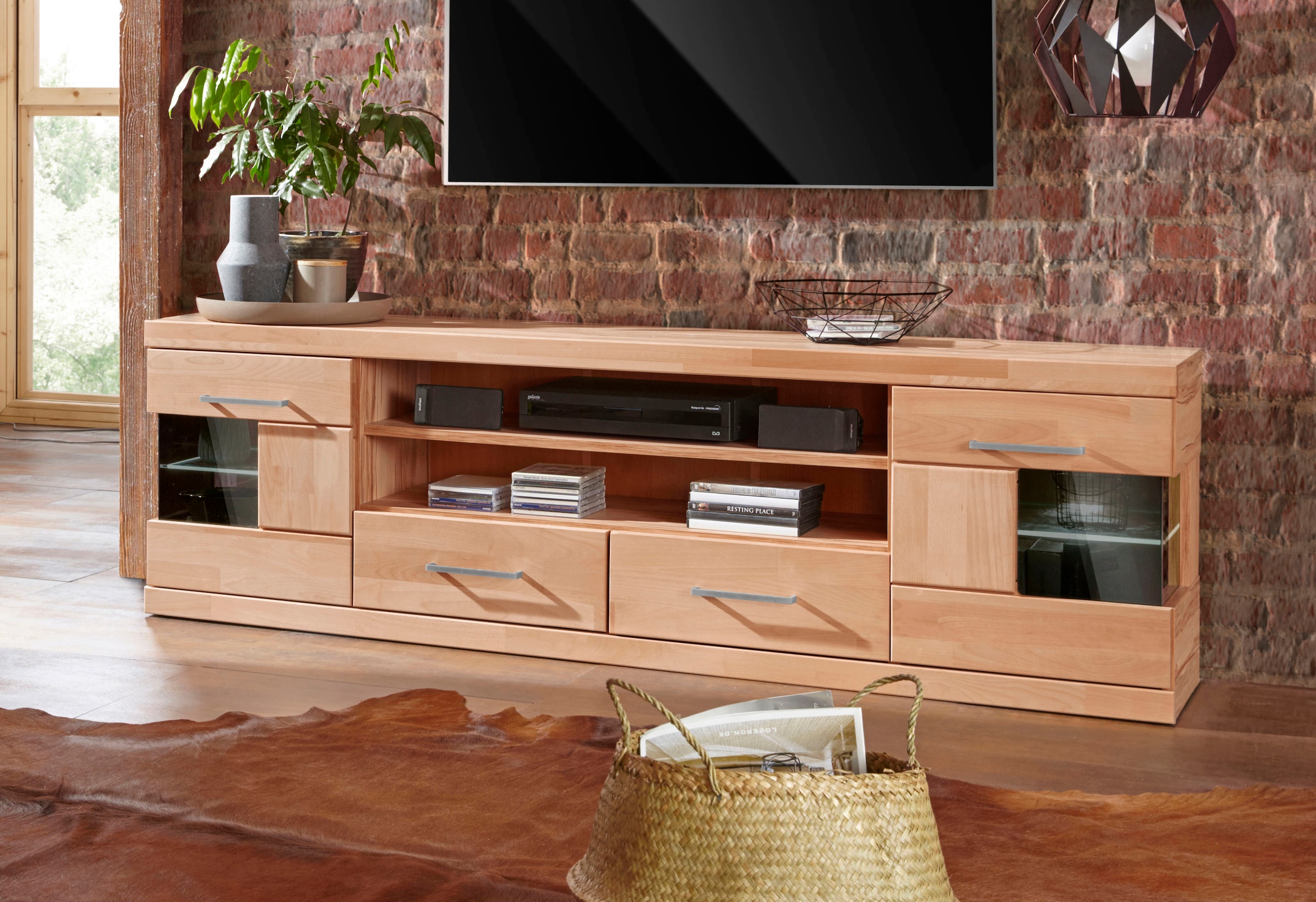 OTTO home Lowboard "Ribe,180cm breit, Fronten Massivholz,6 Fächer,Kabeldurchführung" Korpus Holzwerkstoff,Glaseinsatz aus gehärtetem Glas,Böden versetzbar