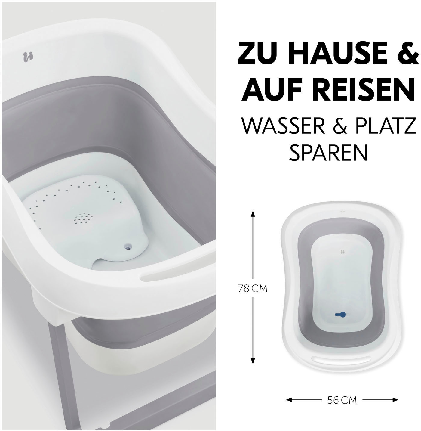 Hauck Babybadewanne »Wash N Fold L, White/Stone« Höhe 44 cm Standbeine | wärmeempfindlicher Ablaufstopfen | zusammenfaltbar Faltbadewanne mit Wassertemperaturmessung am Ablaufstopfen