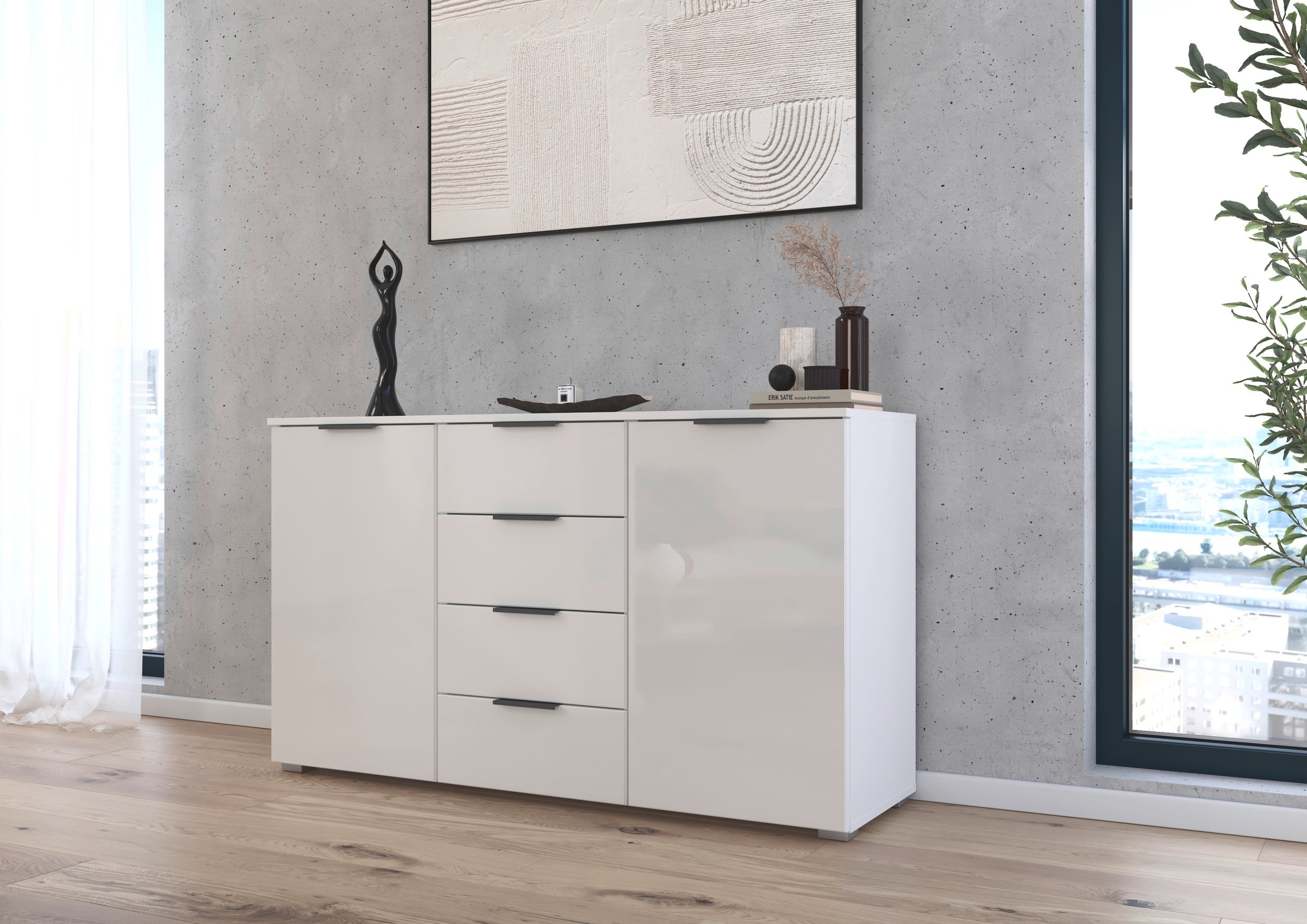 rauch Kombikommode »Sideboard Kombikommode Schubladenkommode AGORDO mit Glasfront«, (in zwei Griff-Farben), mit 4 Schubkästen und 2 Türen sowie Metallgriffen MADE IN GERMANY