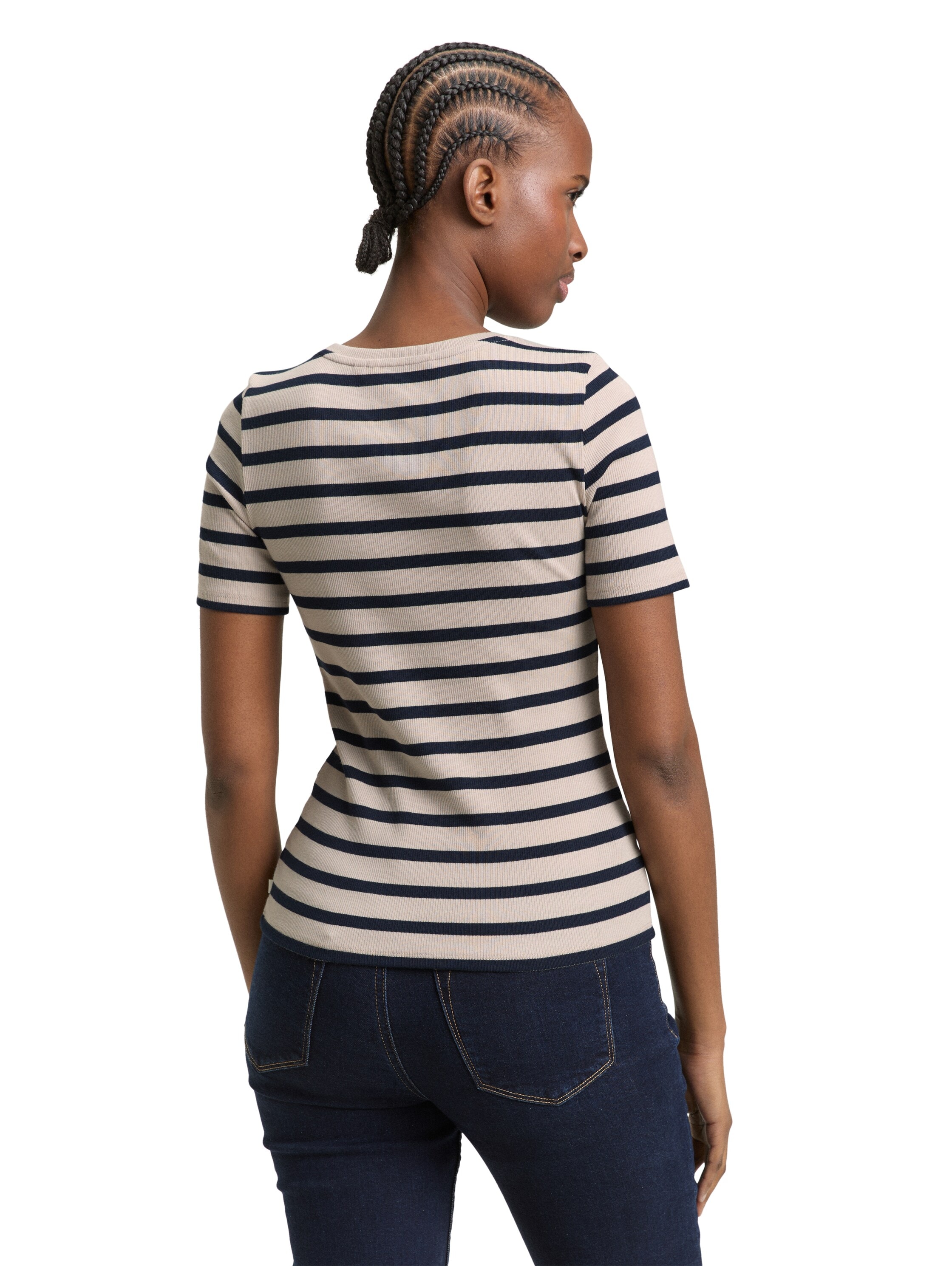 TOM TAILOR Denim Rundhalsshirt gestreift, Fein-Ripp-Optik