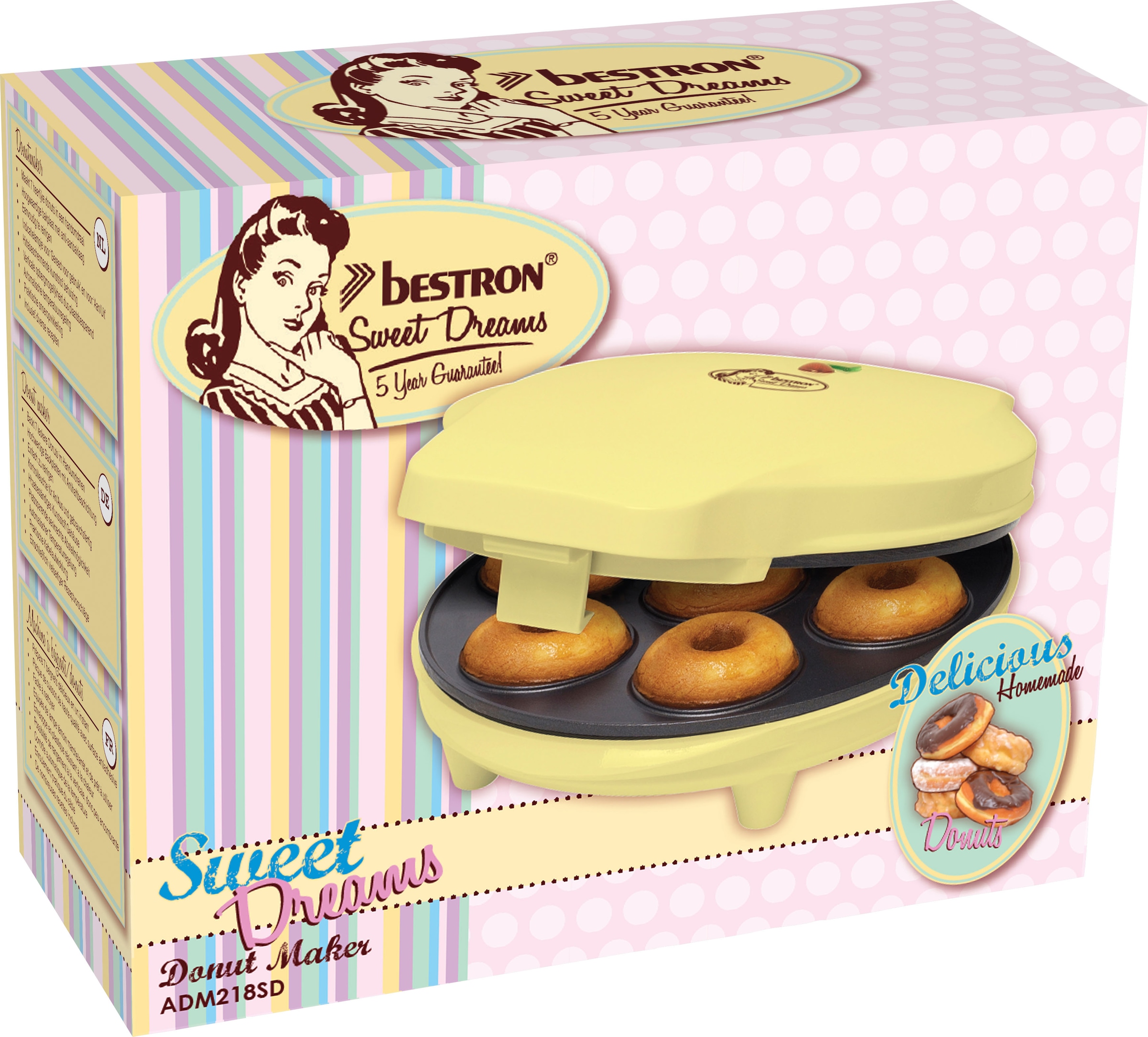 bestron Donut-Maker »ADM218SD Sweet Dreams«, 700 W, im Retro Design, Antihaftbeschichtung, Gelb