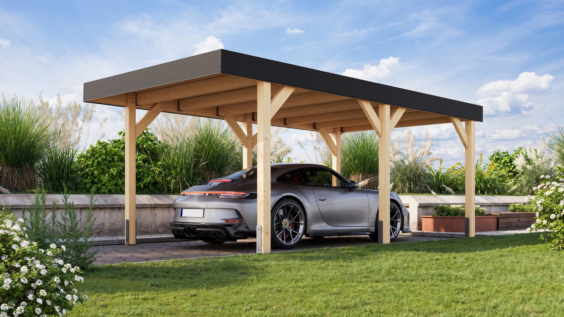 Karibu Einzelcarport "aus kesseldruckimprägniertem Massivholz" Holz teilmassiv 288 cm naturbelassen schützt das Fahrzeug das ganze Jahr über vor Witterungseinflüssen