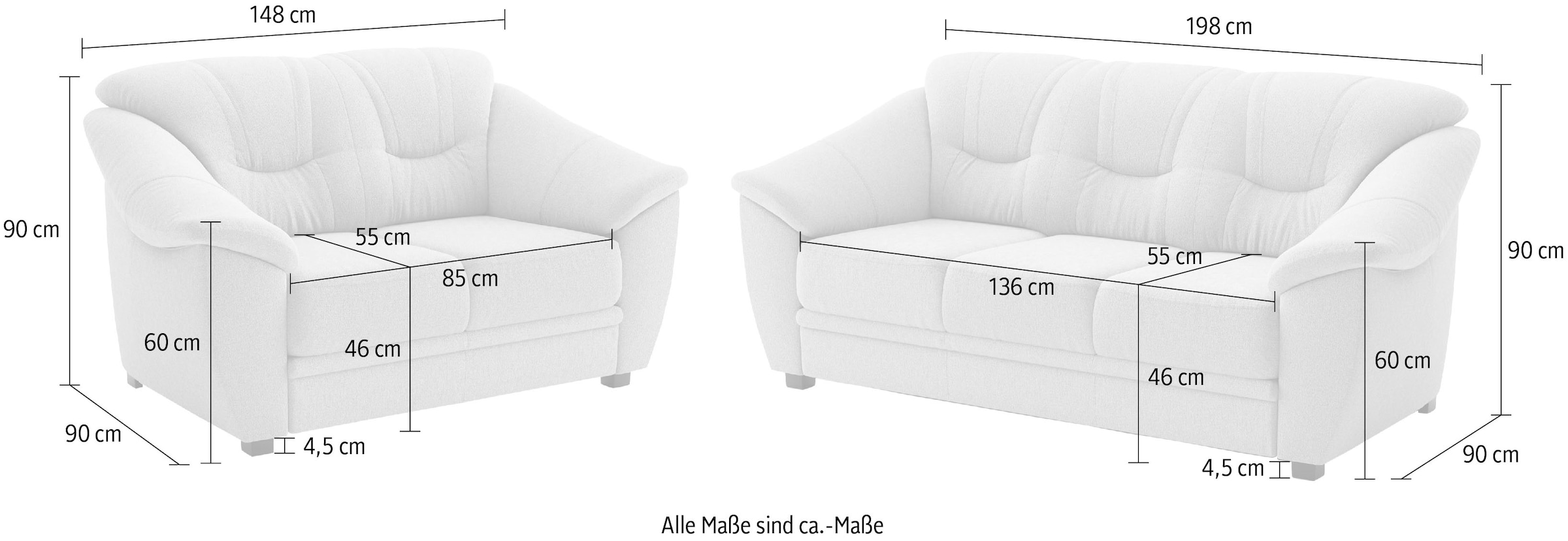 sit&more Polstergarnitur »Savona, Set: 2- & 3er-Sofa, B: 148 bzw. 198 cm, Federkern-Polsterung« 2 tlg. komfortable Sitzhöhe 46 cm, frei im Raum stellbar, stilvolles Design