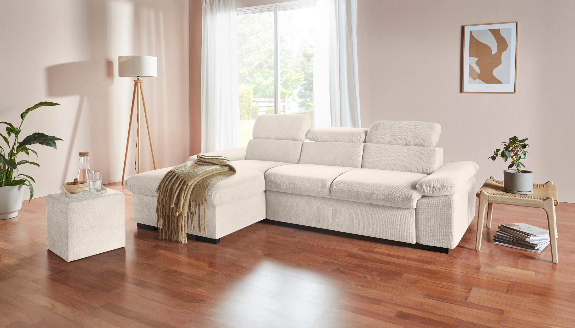 COTTA Ecksofa »Lola L-Form mit Kopfteilfunktion & Hocker«, (Set, mit Hocker), wahlweise mit Bettfunktion, Bettkasten & Armteilverstellung