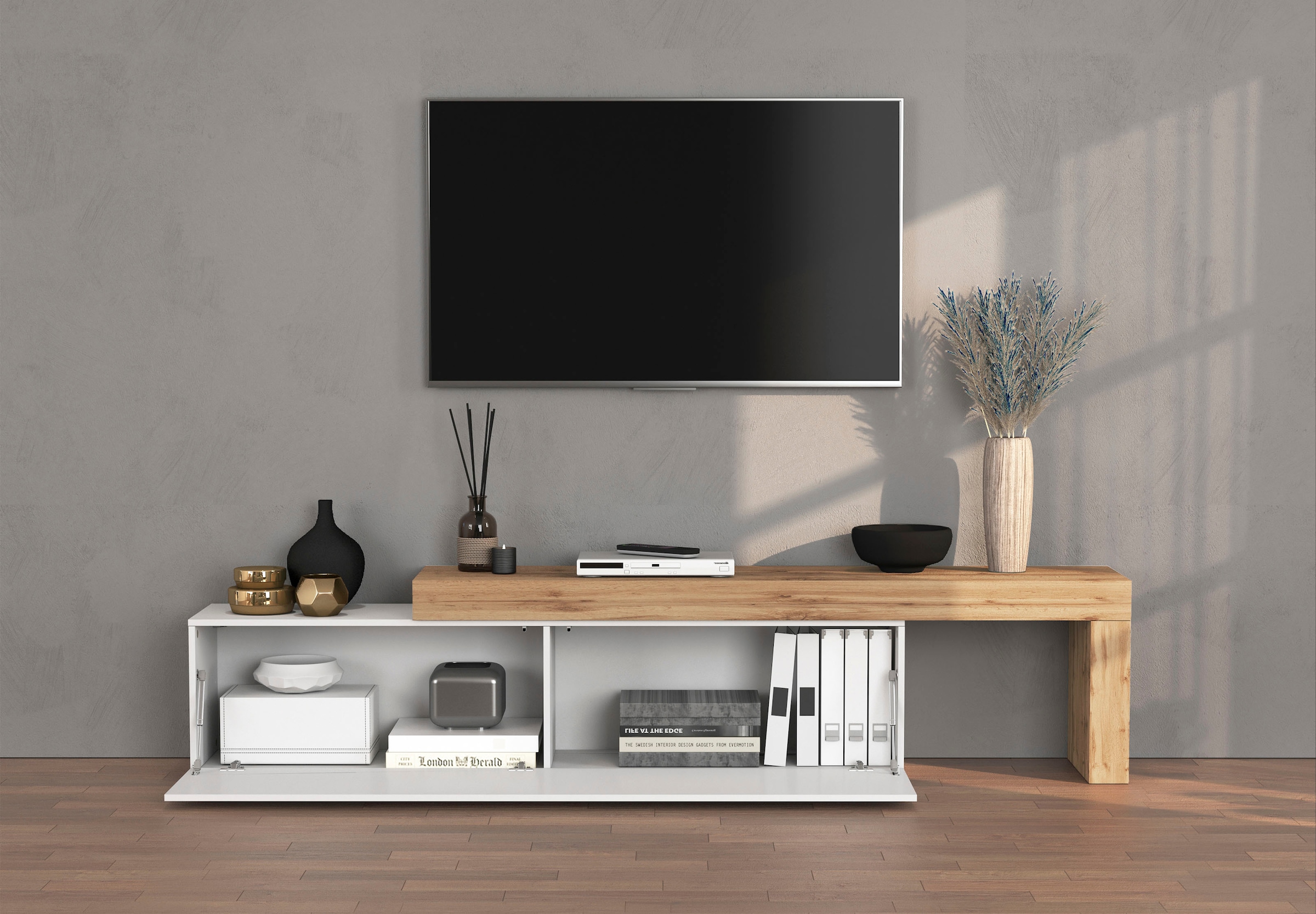 INOSIGN Lowboard »Chronos TV-Board, TV-Schrank« Breite verstellbar von 190 bis 350 cm, 1 Stk. tlg. Breite 270 cm TV-Board,Lowboard,1 Klappe und ein L-Förmiger Aufsatz