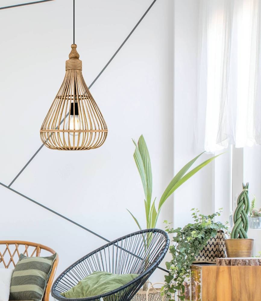 EGLO Hängeleuchte »AMSFIELD«, 1 flammig, Leuchtmittel E27 | ohne Leuchtmittel, Hängelampe, Stahl, Holz in Naturfarben, Esstischlampe, E27, Ø 35 cm