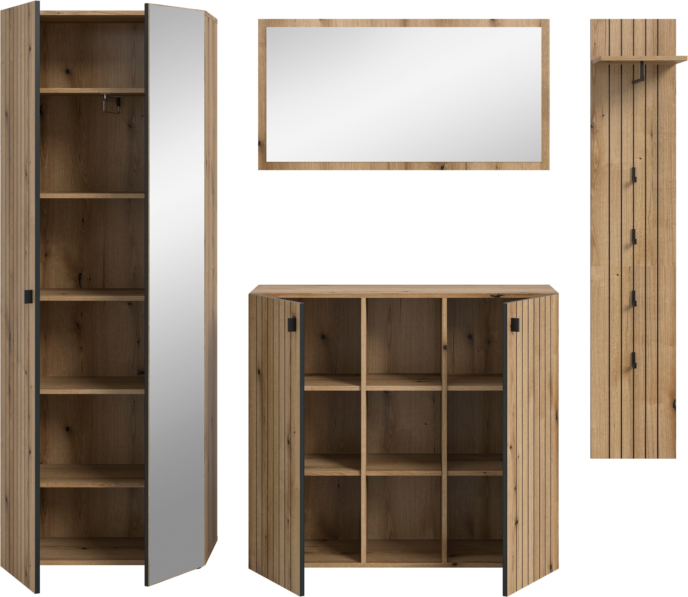 INOSIGN Garderoben-Set »TATIO, 4-tlg. Garderobenkombination, Breite: 237 cm, Rillenfräsung« Set, 1 Spiegel, 1 Garderobenschrank, 1 Schuhkommode, 1 Garderobenpaneel, 4 Stk. tlg.